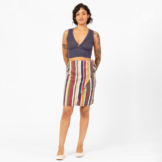 Vintage 90s Denim Earth Tone Striped Mini Wrap Skirt - Small, 25"-27" Waist | Green Red A Line Pencil Miniskirt