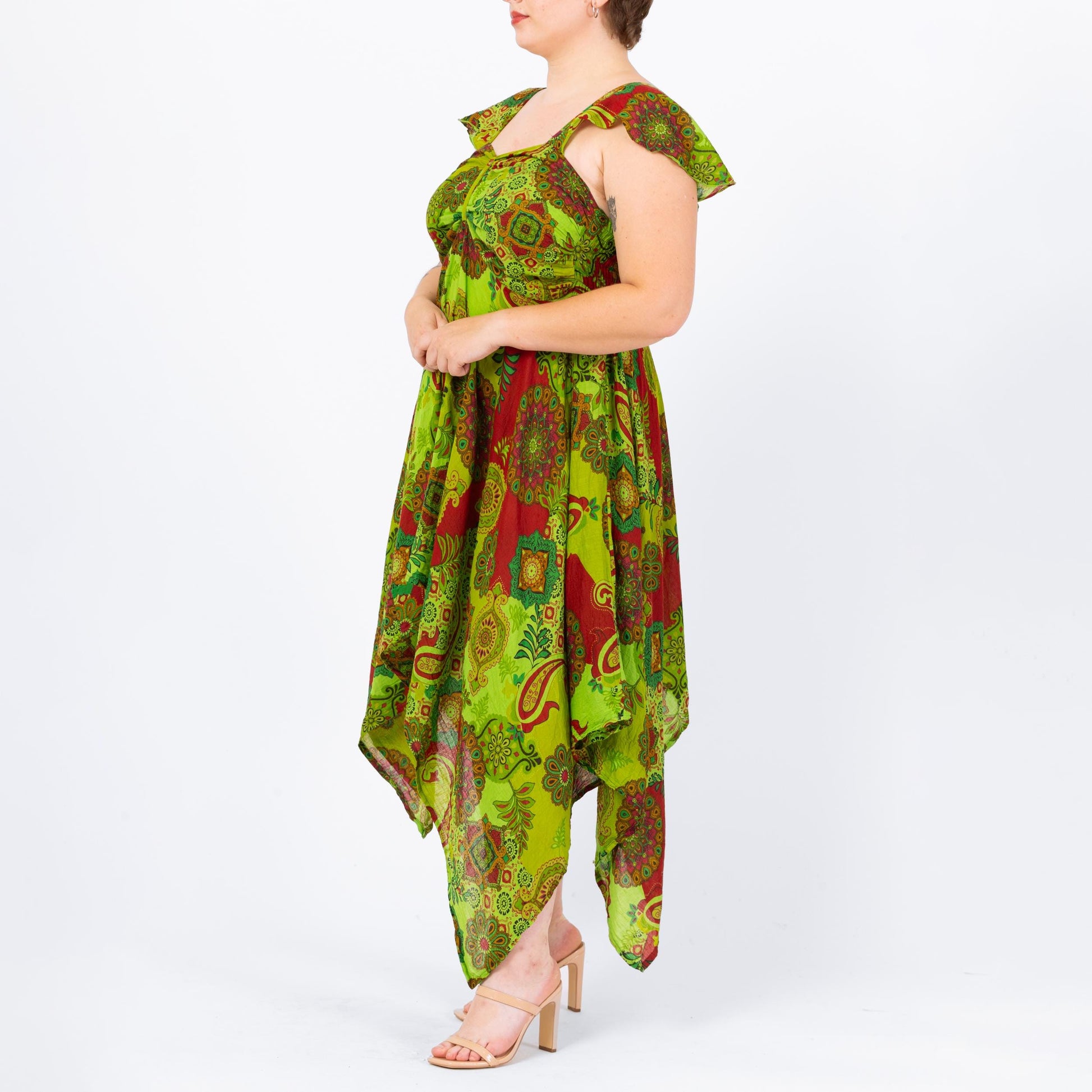 Vintage Y2K Chartreuse Green Scarf Hem Fairy Sundress - Large to XL | Boho Midaxi Floral Paisley Print Festival Handkerchief Dress