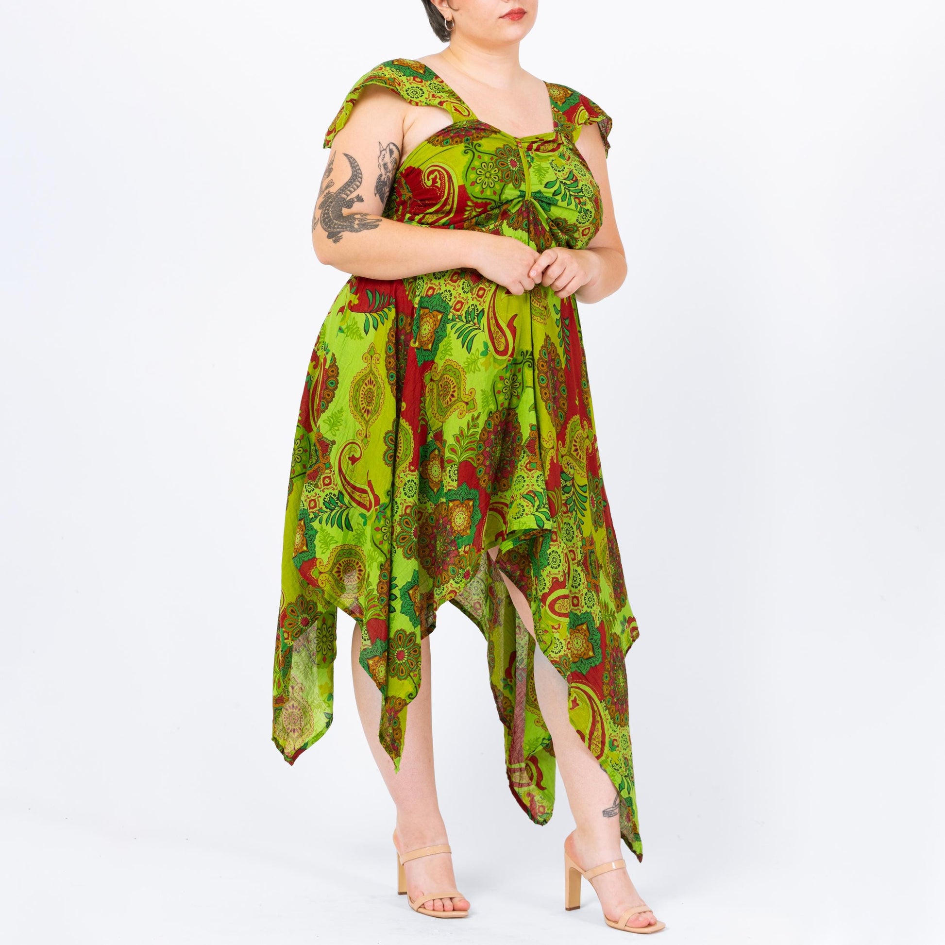 Vintage Y2K Chartreuse Green Scarf Hem Fairy Sundress - Large to XL | Boho Midaxi Floral Paisley Print Festival Handkerchief Dress