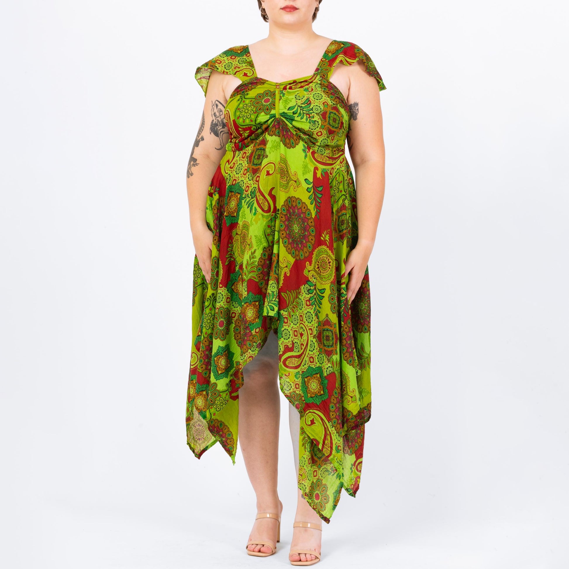 Vintage Y2K Chartreuse Green Scarf Hem Fairy Sundress - Large to XL | Boho Midaxi Floral Paisley Print Festival Handkerchief Dress