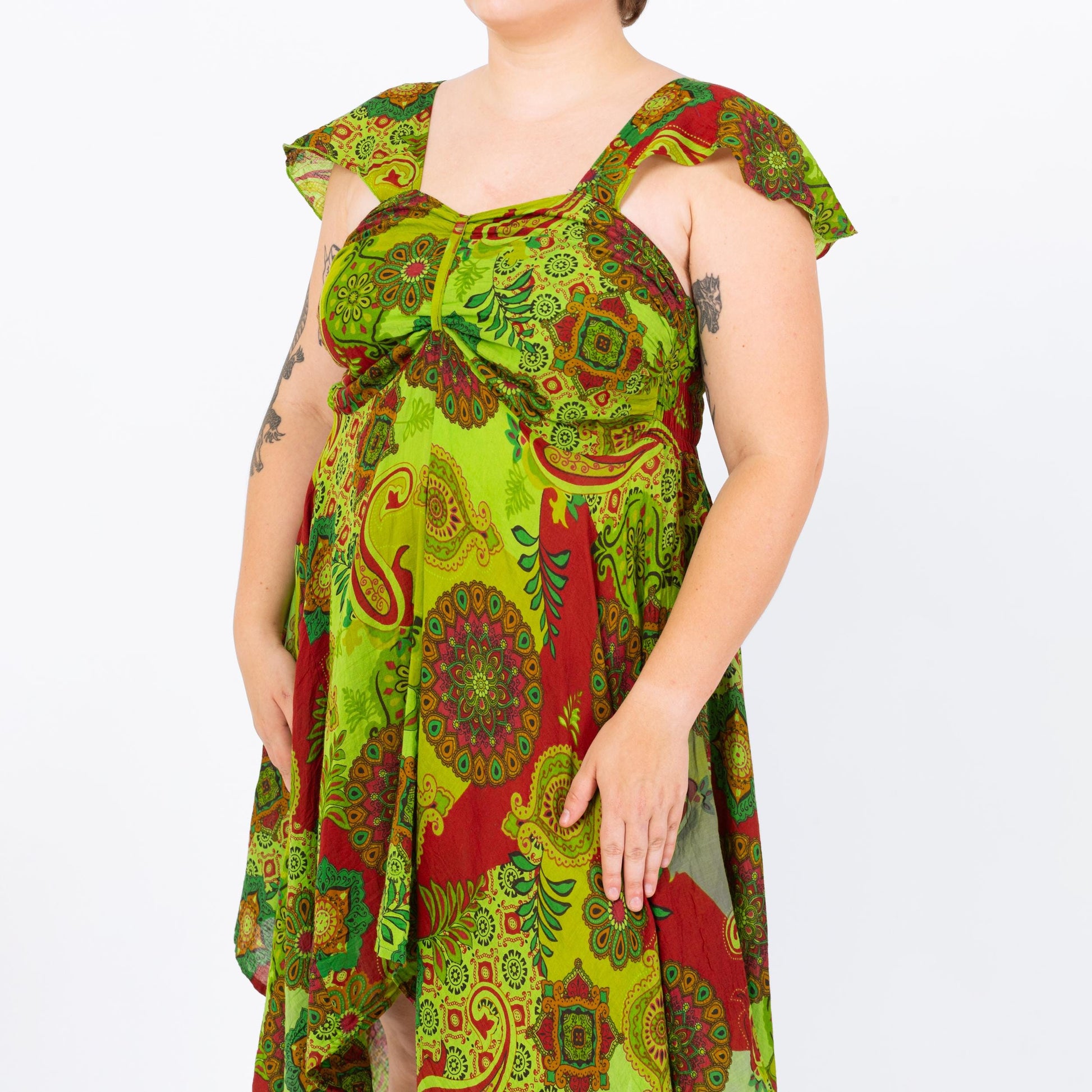Vintage Y2K Chartreuse Green Scarf Hem Fairy Sundress - Large to XL | Boho Midaxi Floral Paisley Print Festival Handkerchief Dress
