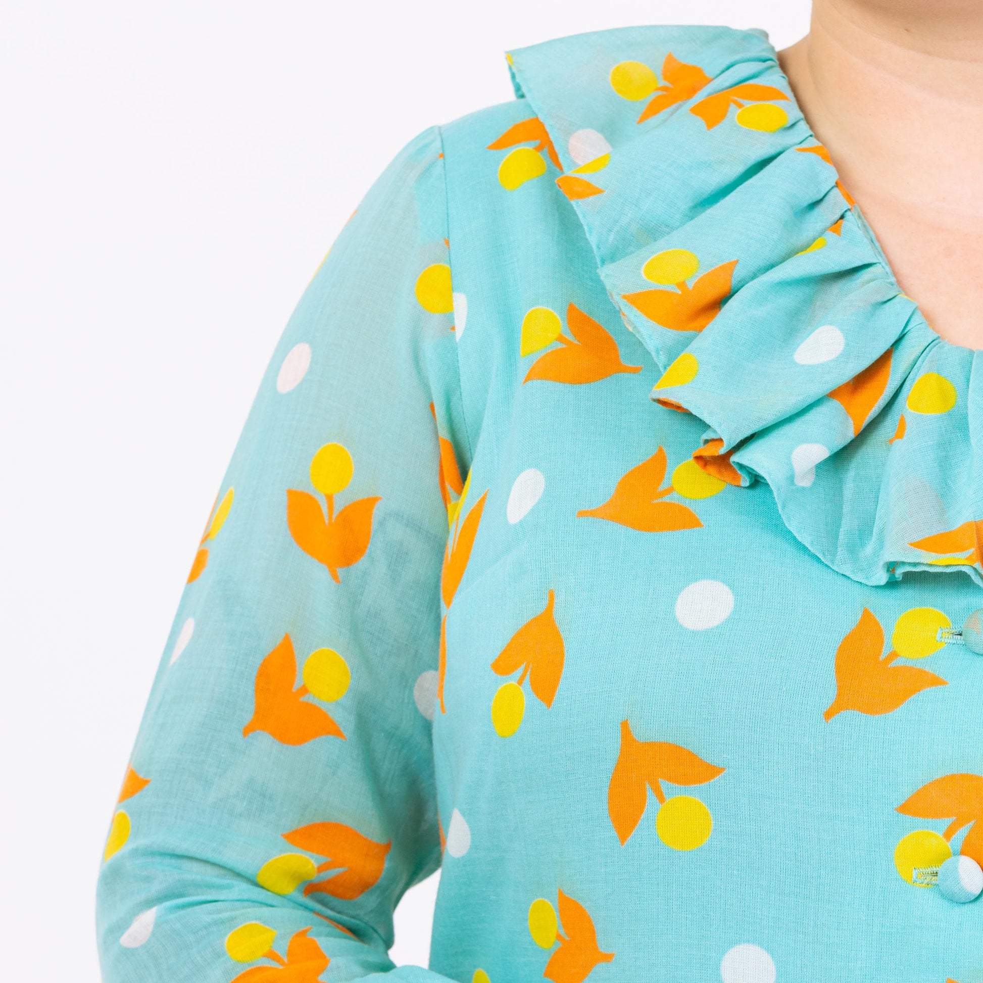 Vintage 60s Aqua Blue Floral Polka Dot Print House Dress - Extra Large | 1960s Retro 3/4 Sleeve Ruffle Collar A Line Midi Shift Dress