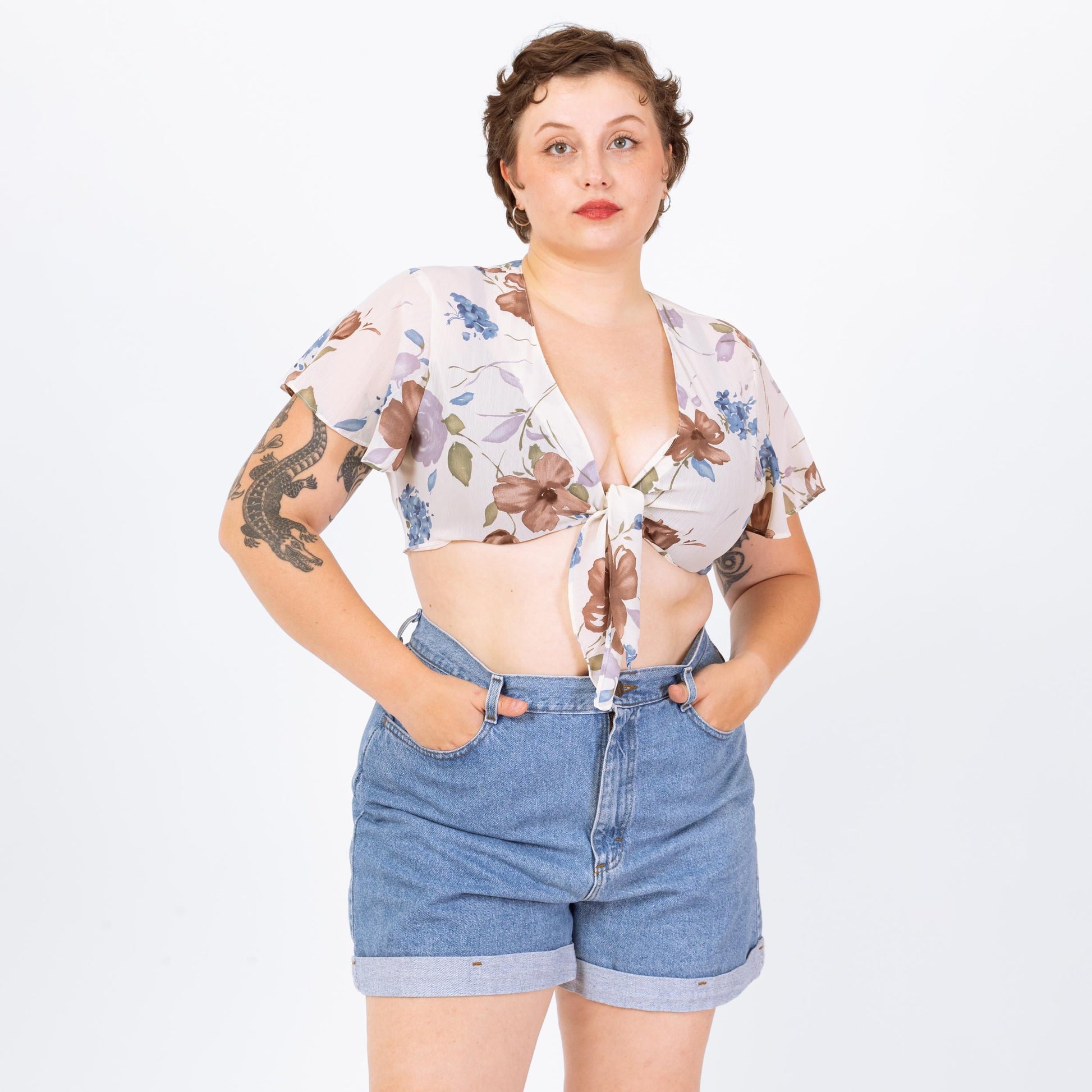 Vintage 90s Sheer White Floral Tie Front Crop Top - Large | Flutter Sleeve Cropped Blouse, Deep V Neck Shirt