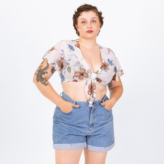 Vintage 90s Sheer White Floral Tie Front Crop Top - Large | Flutter Sleeve Cropped Blouse, Deep V Neck Shirt