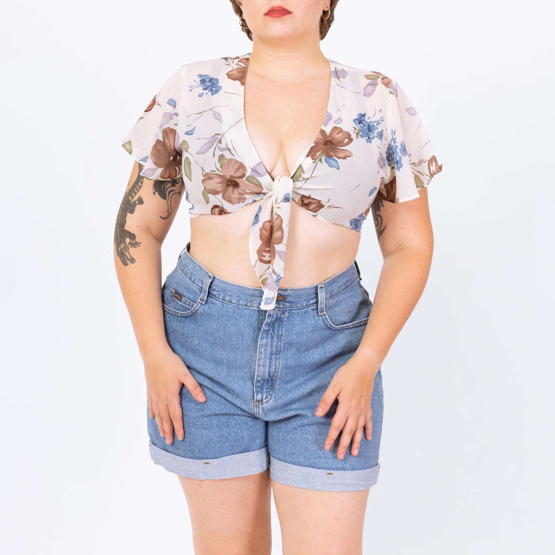 Vintage 90s Sheer White Floral Tie Front Crop Top - Large | Flutter Sleeve Cropped Blouse, Deep V Neck Shirt