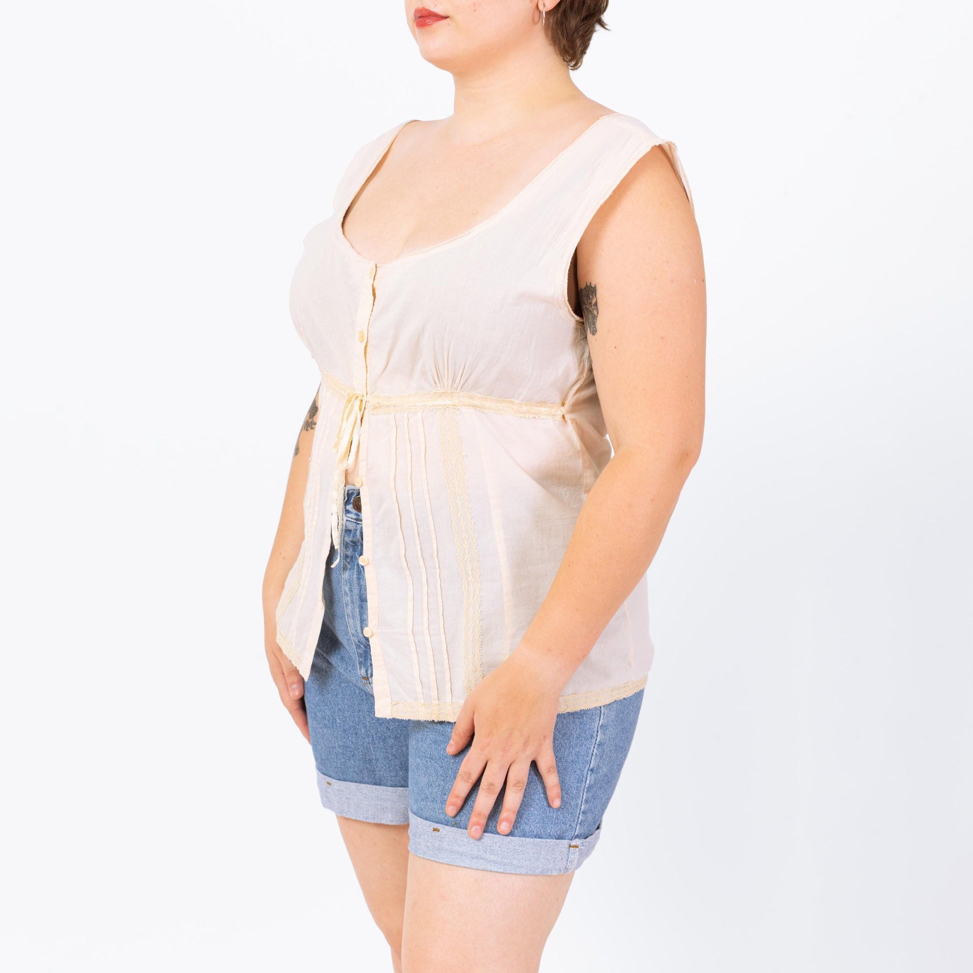 Vintage 90s Cream Cotton Lace Trim Renaissance Top - Large | Boho Scoop Neck Blouse, Cottagecore Cap Sleeve Top