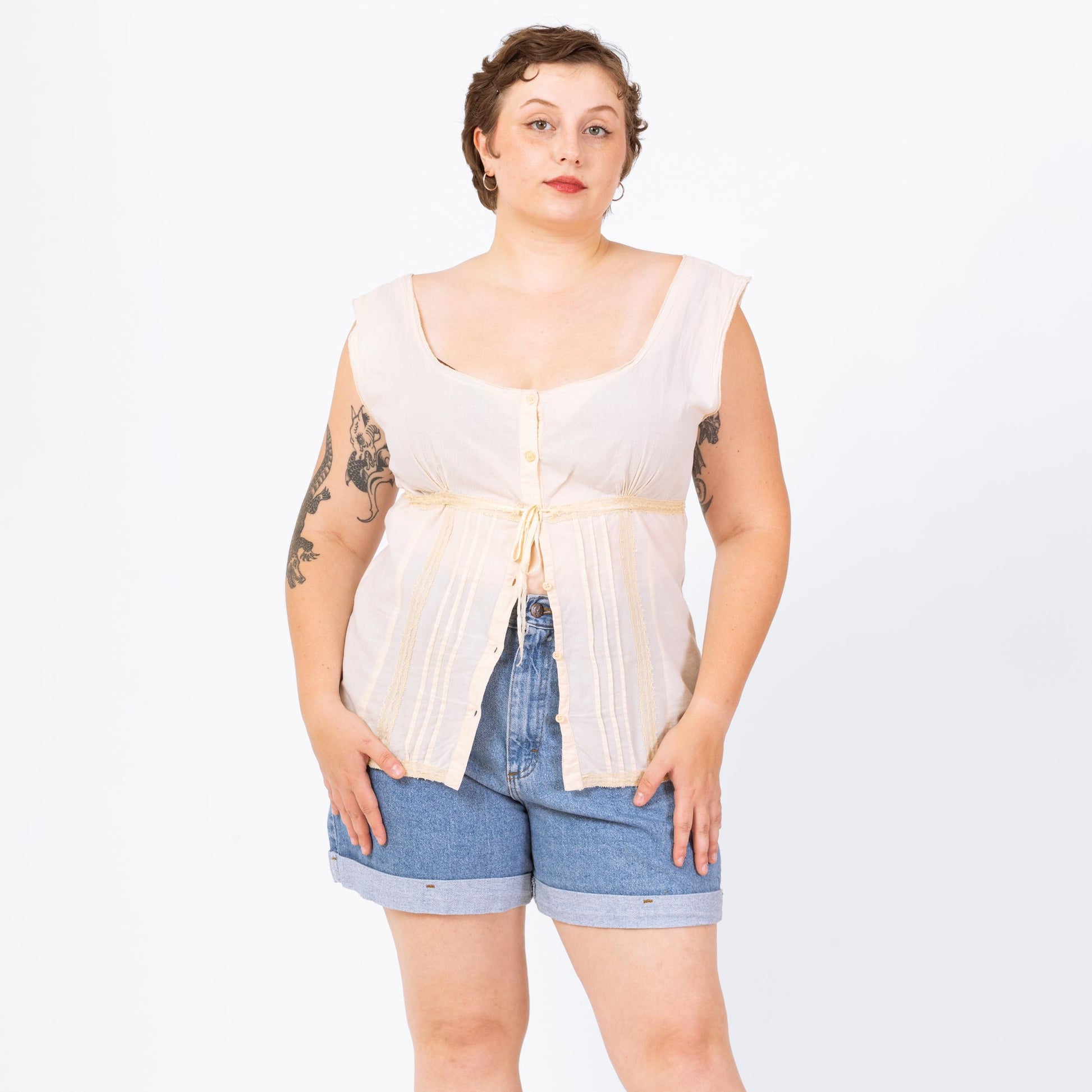 Vintage 90s Cream Cotton Lace Trim Renaissance Top - Large | Boho Scoop Neck Blouse, Cottagecore Cap Sleeve Top