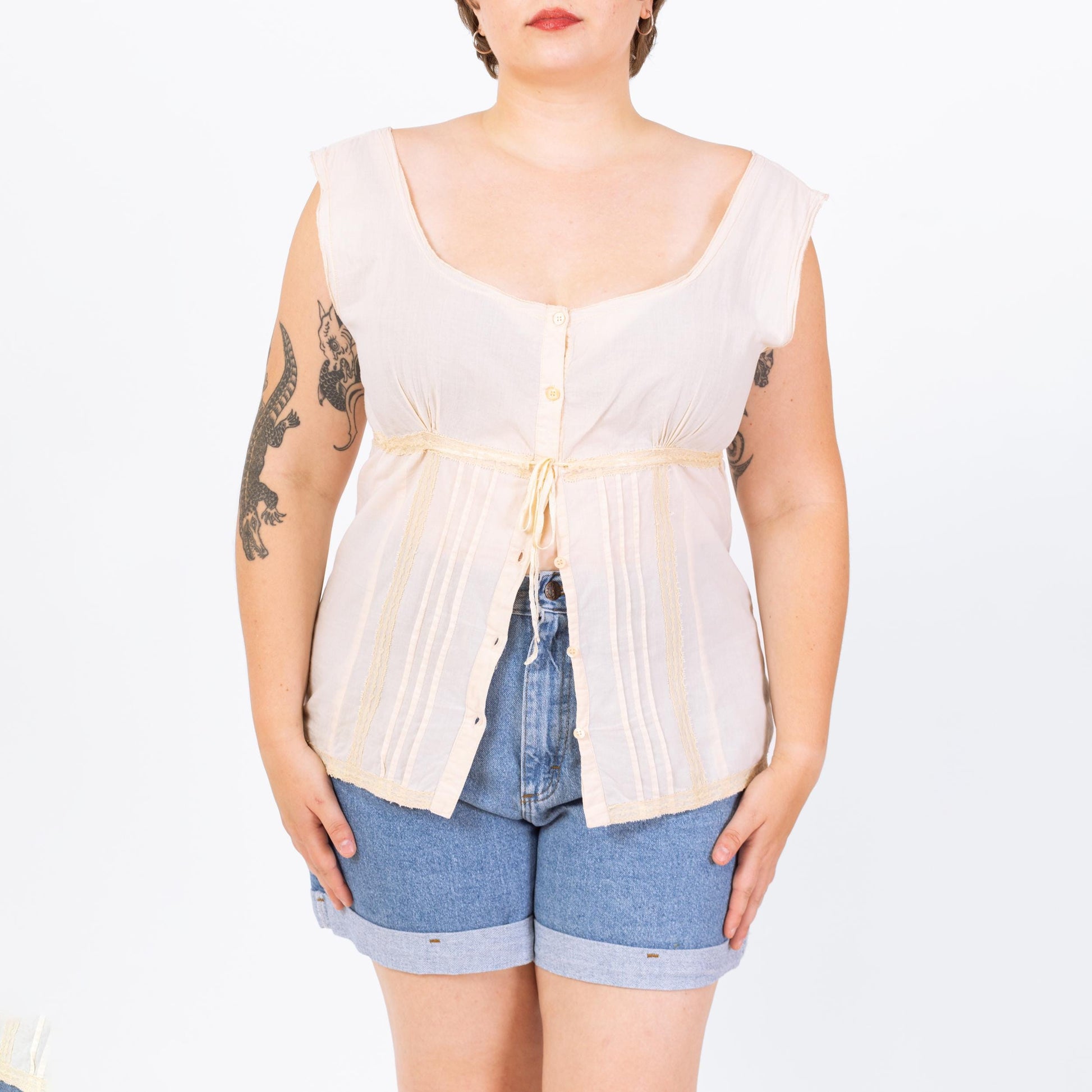 Vintage 90s Cream Cotton Lace Trim Renaissance Top - Large | Boho Scoop Neck Blouse, Cottagecore Cap Sleeve Top