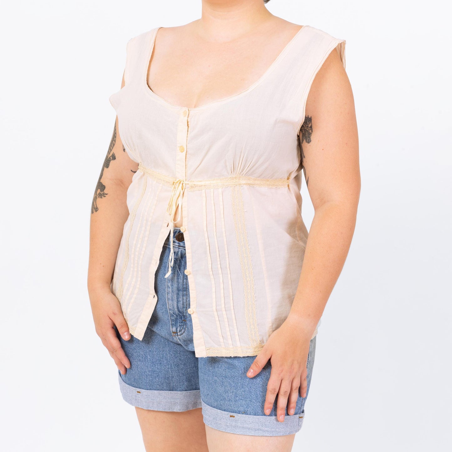 Vintage 90s Cream Cotton Lace Trim Renaissance Top - Large | Boho Scoop Neck Blouse, Cottagecore Cap Sleeve Top