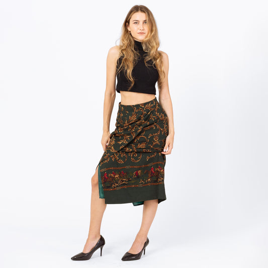 Vintage 90s Equestrian Print Midi Skirt - Extra Small, 24" Waist | Forest Green Baroque Fox Hunt High Waisted Faux Wrap Skirt
