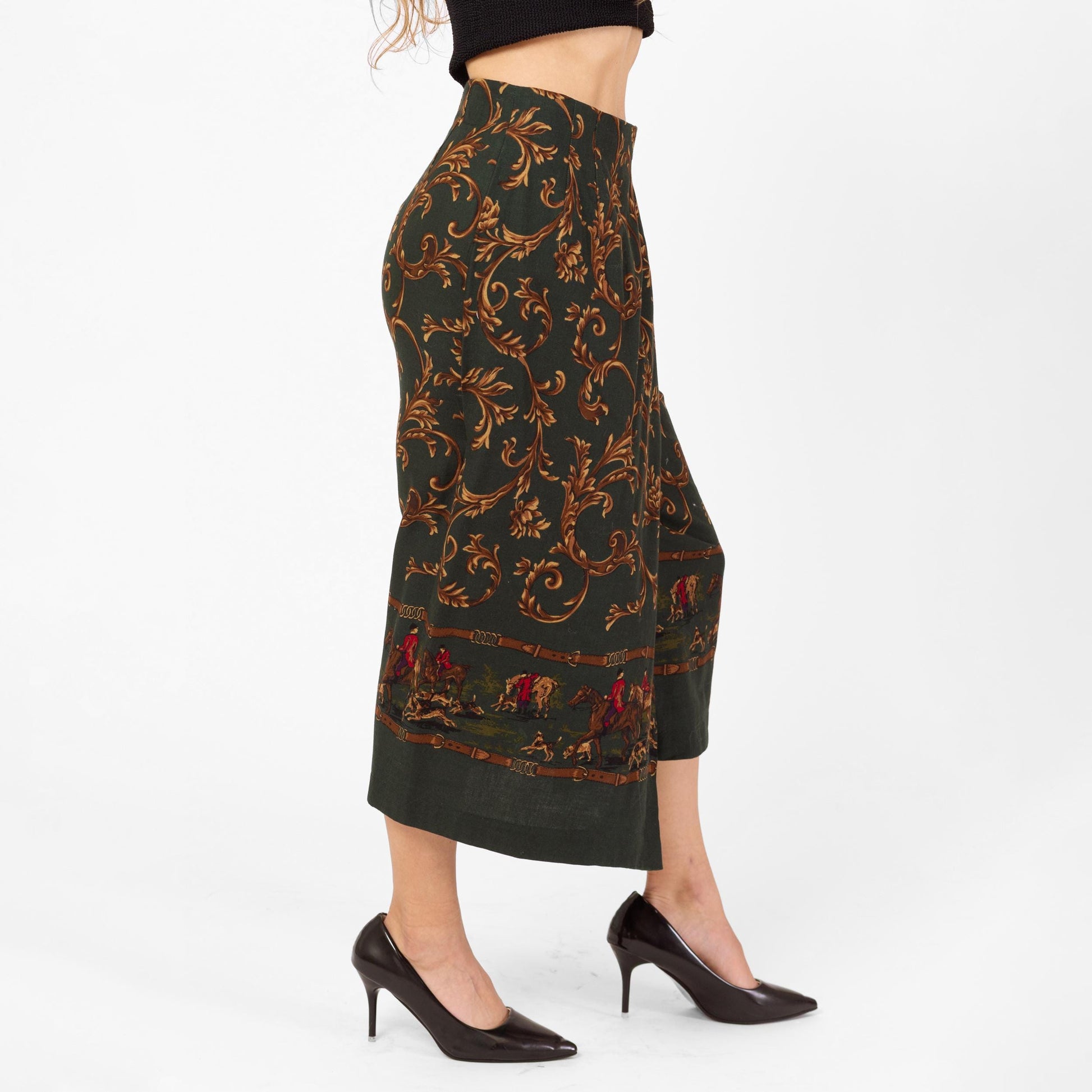 Vintage 90s Equestrian Print Midi Skirt - Extra Small, 24" Waist | Forest Green Baroque Fox Hunt High Waisted Faux Wrap Skirt
