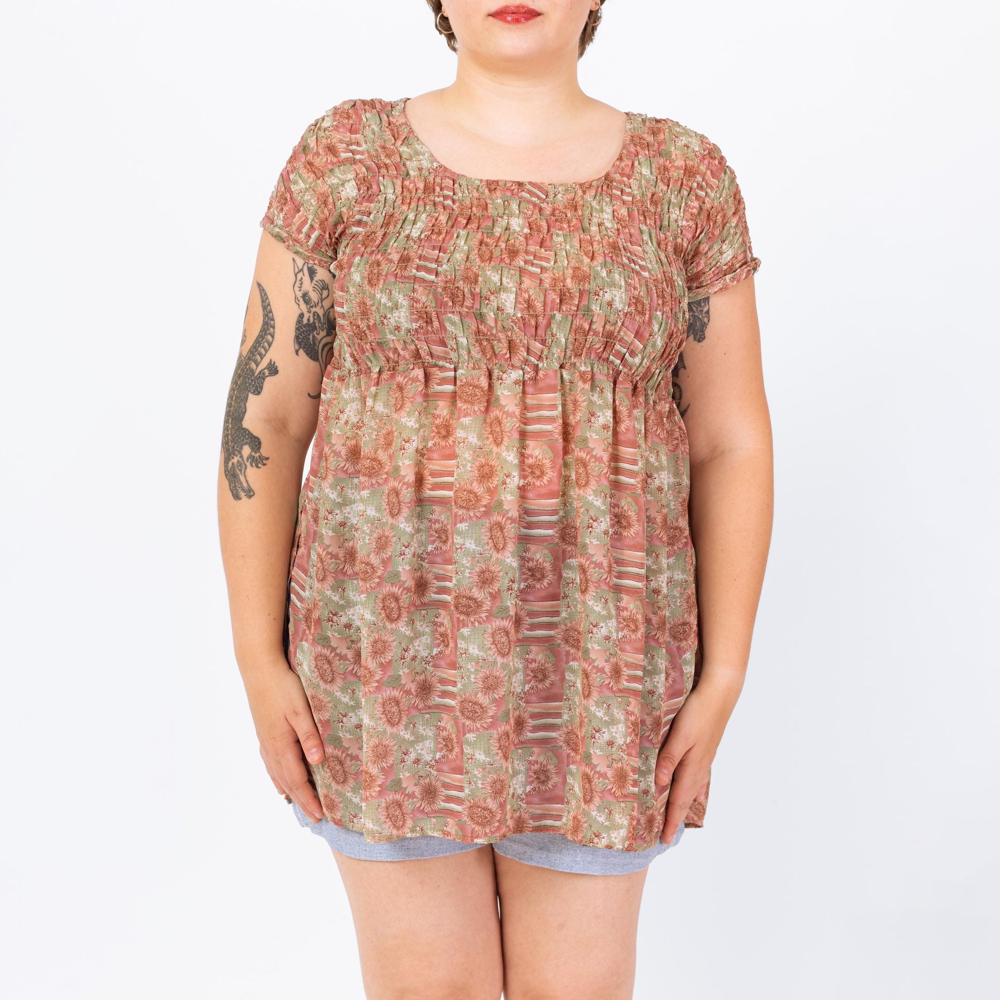 Vintage 90s Floral Shirred Bodice Babydoll Top - Large | Micro Mini Dress Layering Piece, Boho Short Sleeve Blouse