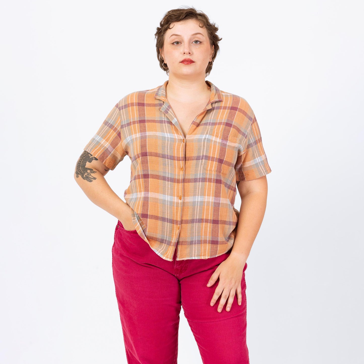 Vintage 80s Orange Plaid Woven Cotton Button Up Shirt - Large | Boho Madras Plaid Short Sleeve Collared Top