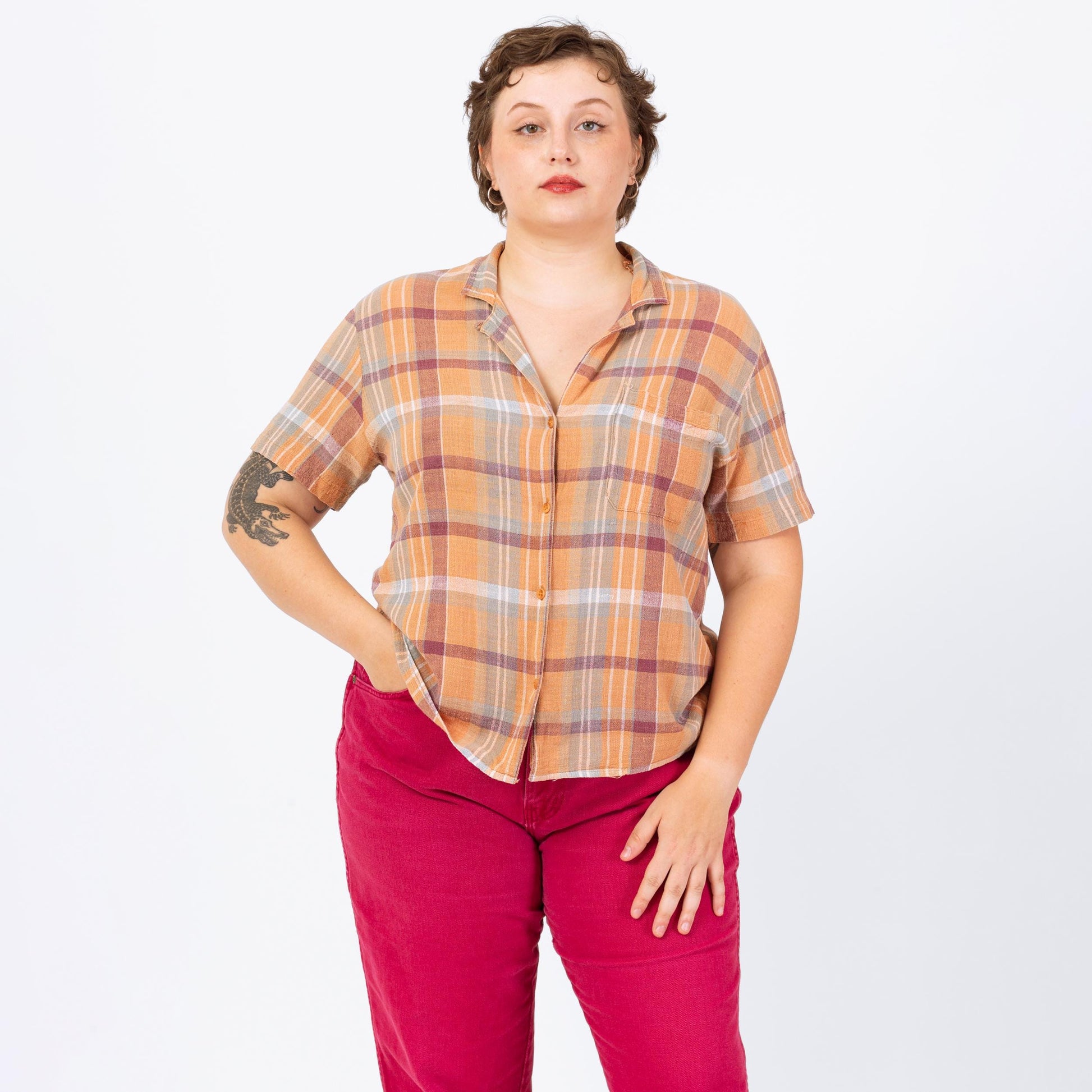 Vintage 80s Orange Plaid Woven Cotton Button Up Shirt - Large | Boho Madras Plaid Short Sleeve Collared Top