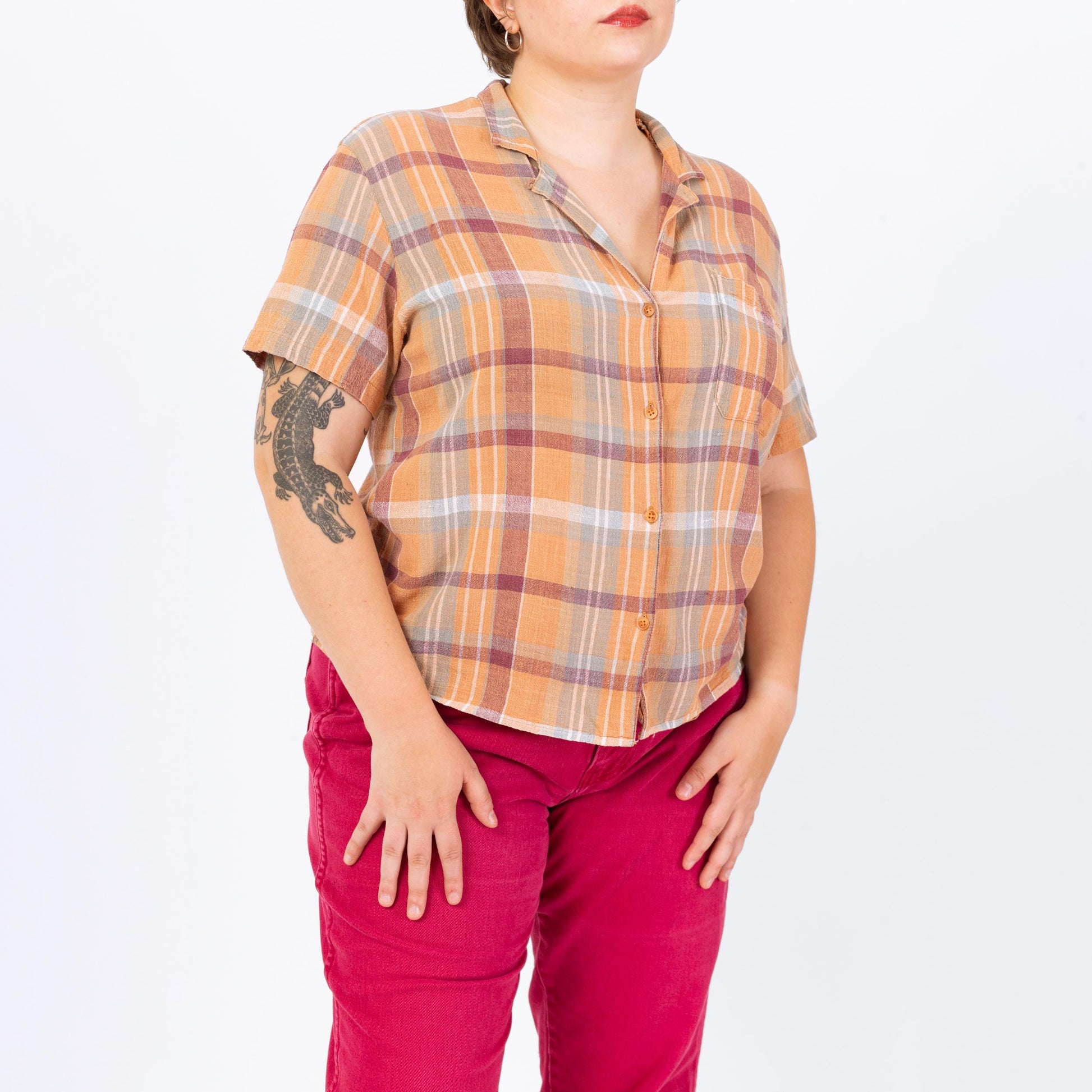 Vintage 80s Orange Plaid Woven Cotton Button Up Shirt - Large | Boho Madras Plaid Short Sleeve Collared Top