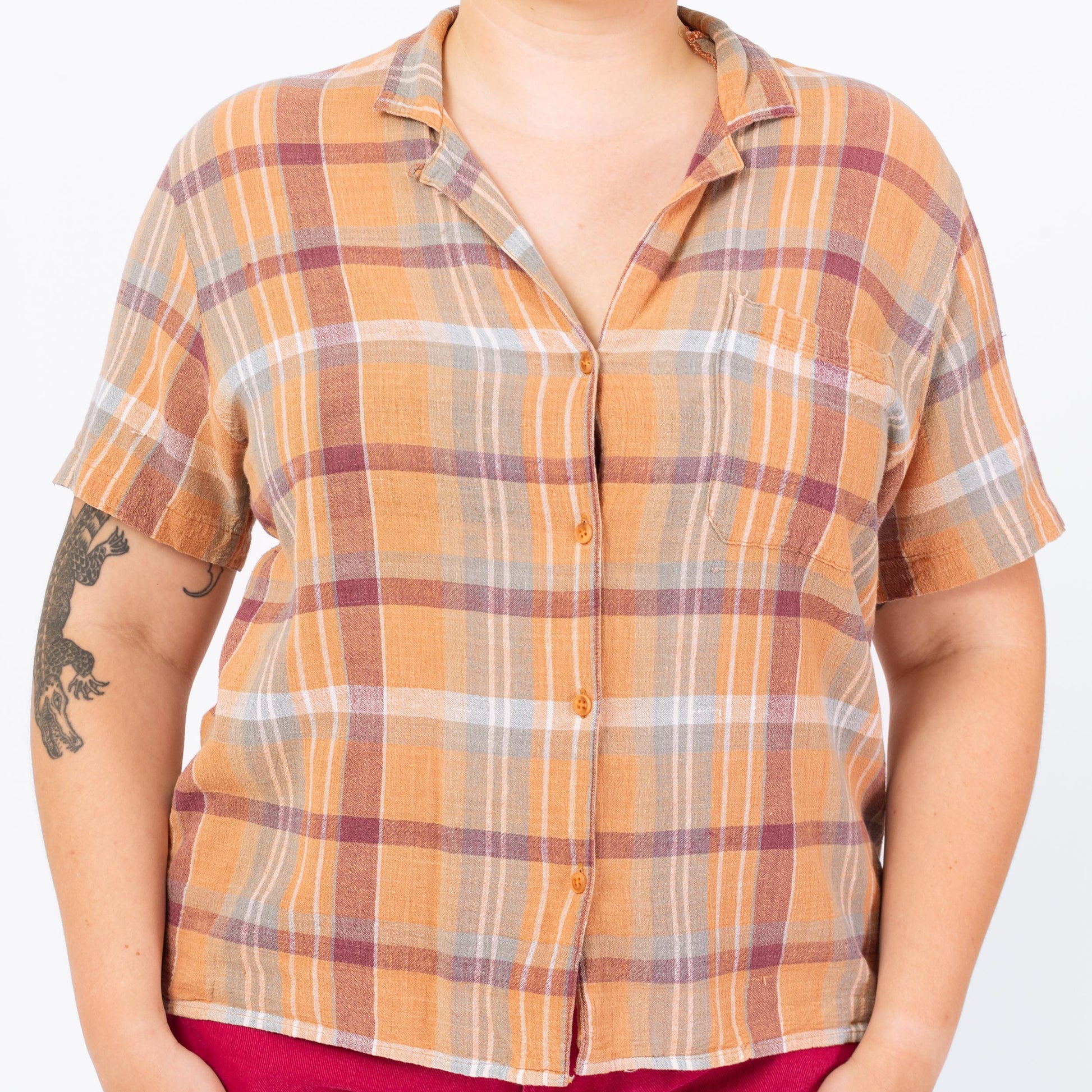 Vintage 80s Orange Plaid Woven Cotton Button Up Shirt - Large | Boho Madras Plaid Short Sleeve Collared Top