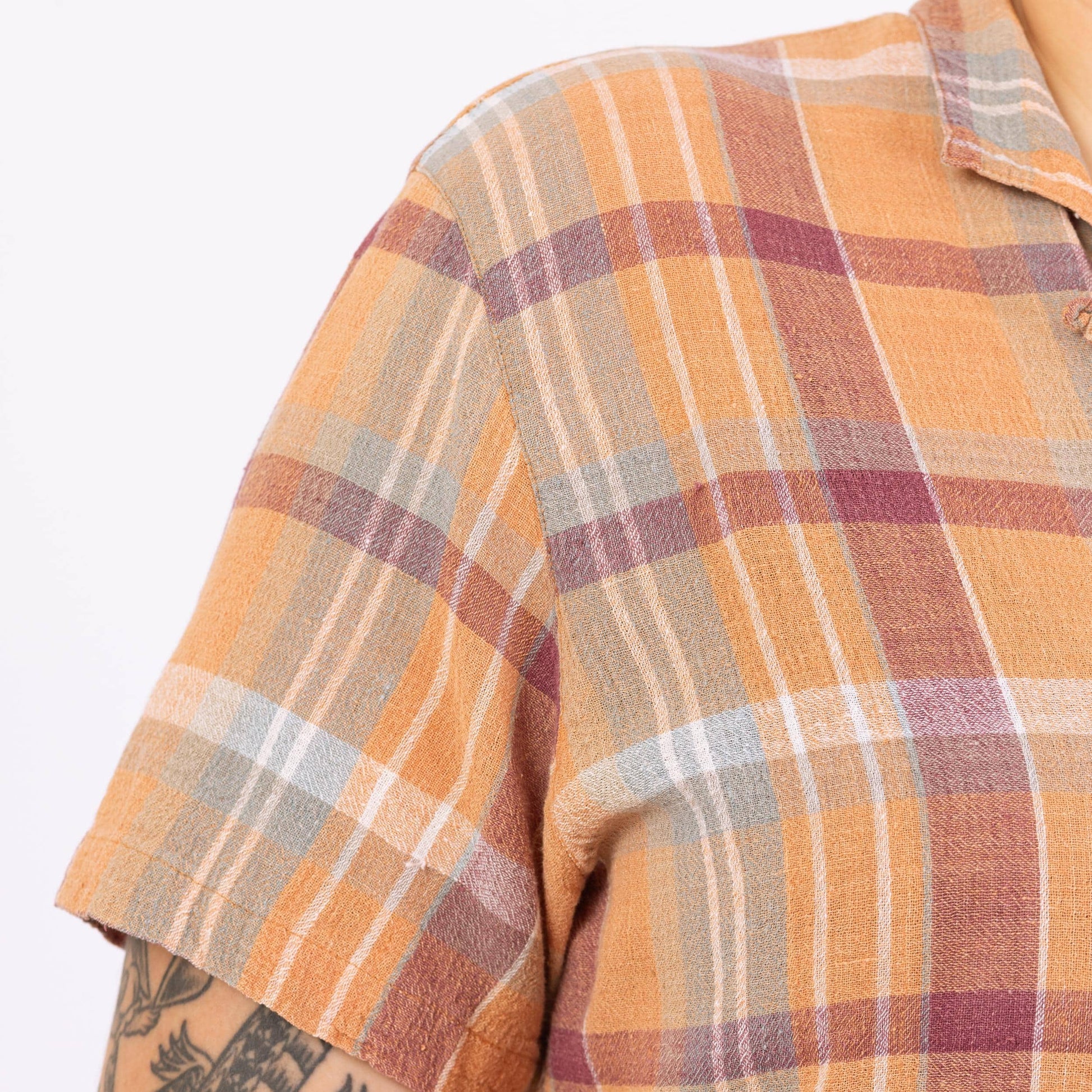 Vintage 80s Orange Plaid Woven Cotton Button Up Shirt - Large | Boho Madras Plaid Short Sleeve Collared Top