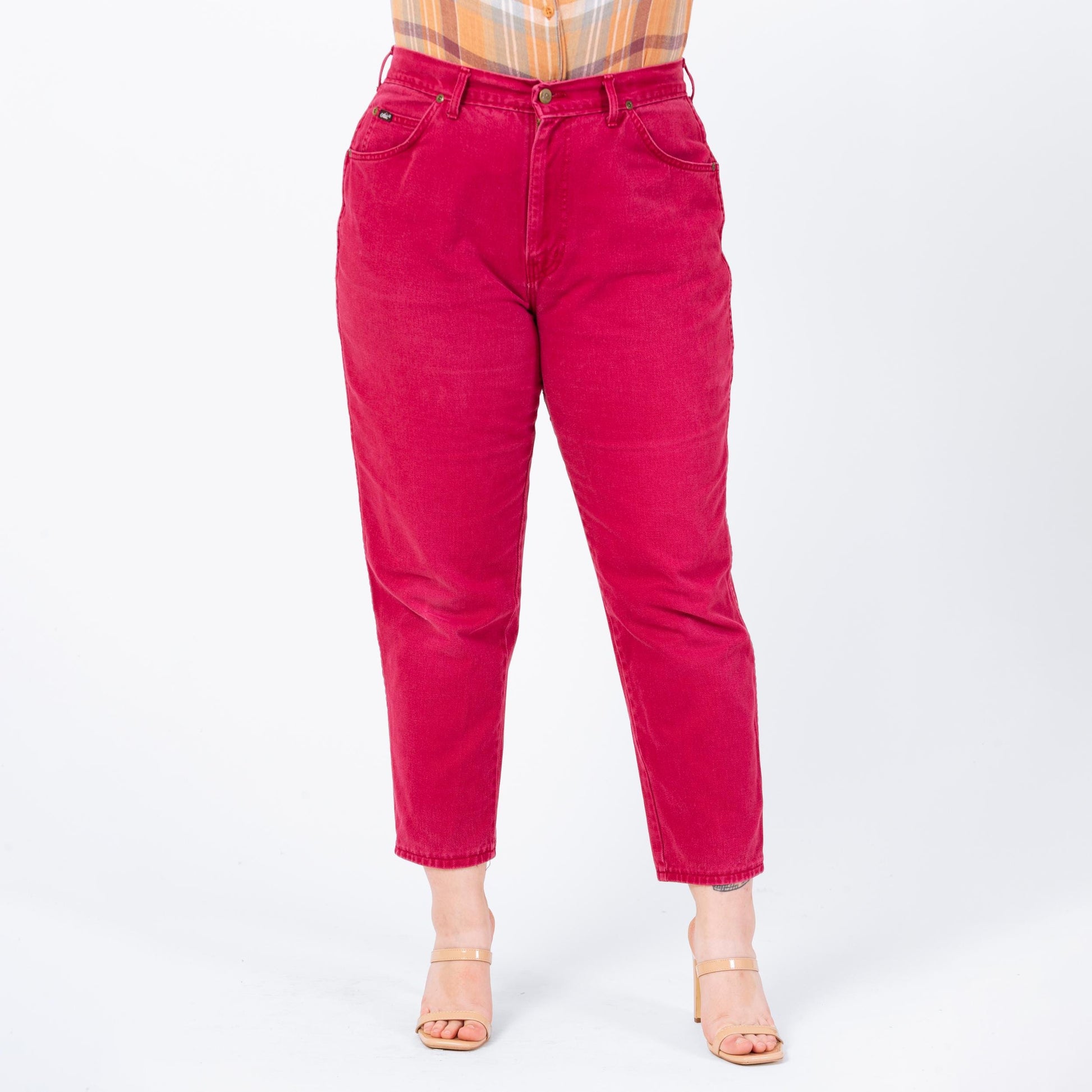 Vintage 80s Hot Pink Flamingo Patch Jeans - Extra Large, 35" Waist | Chic High Waisted Tapered Leg Soft Cotton Denim Mom Jeans