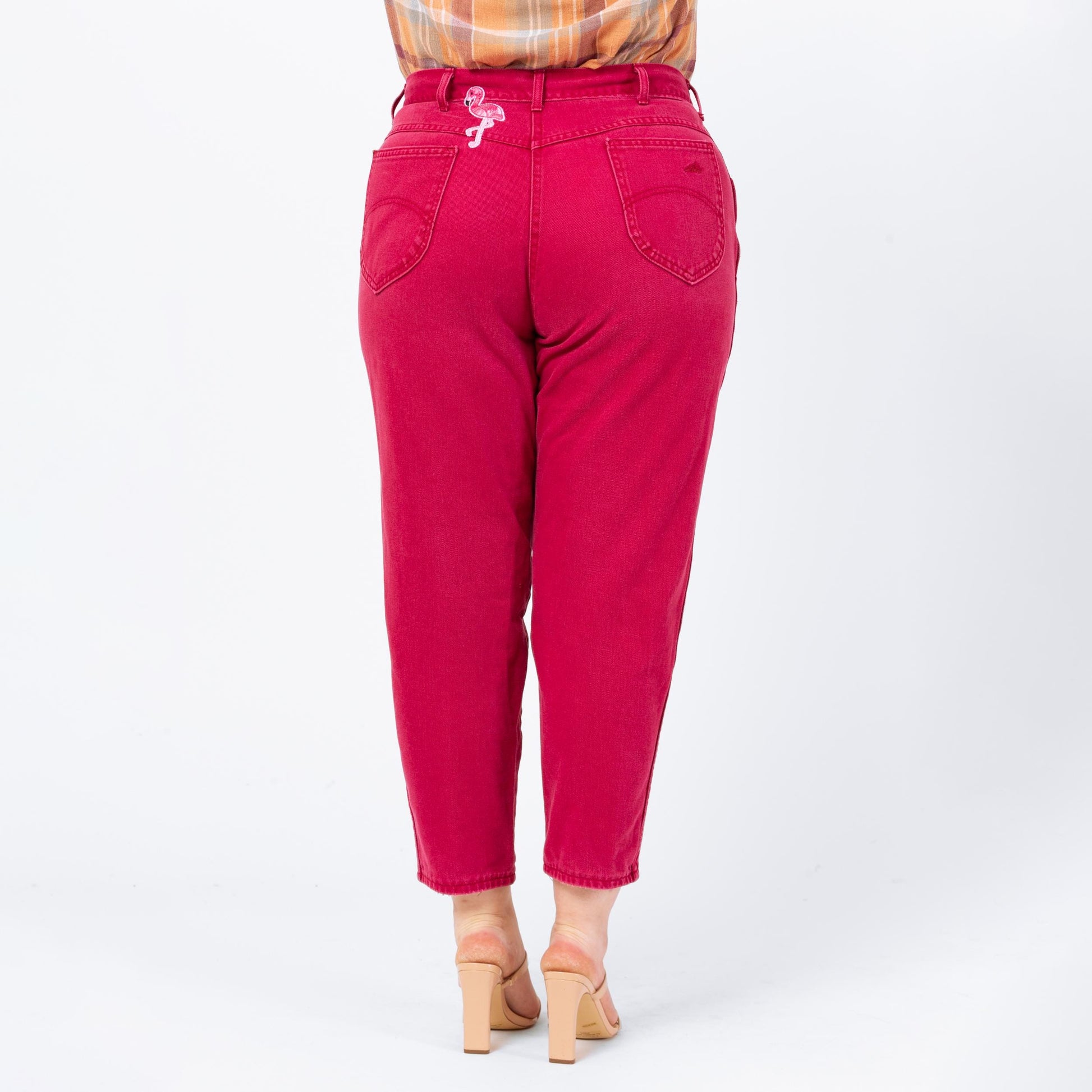 Vintage 80s Hot Pink Flamingo Patch Jeans - Extra Large, 35" Waist | Chic High Waisted Tapered Leg Soft Cotton Denim Mom Jeans