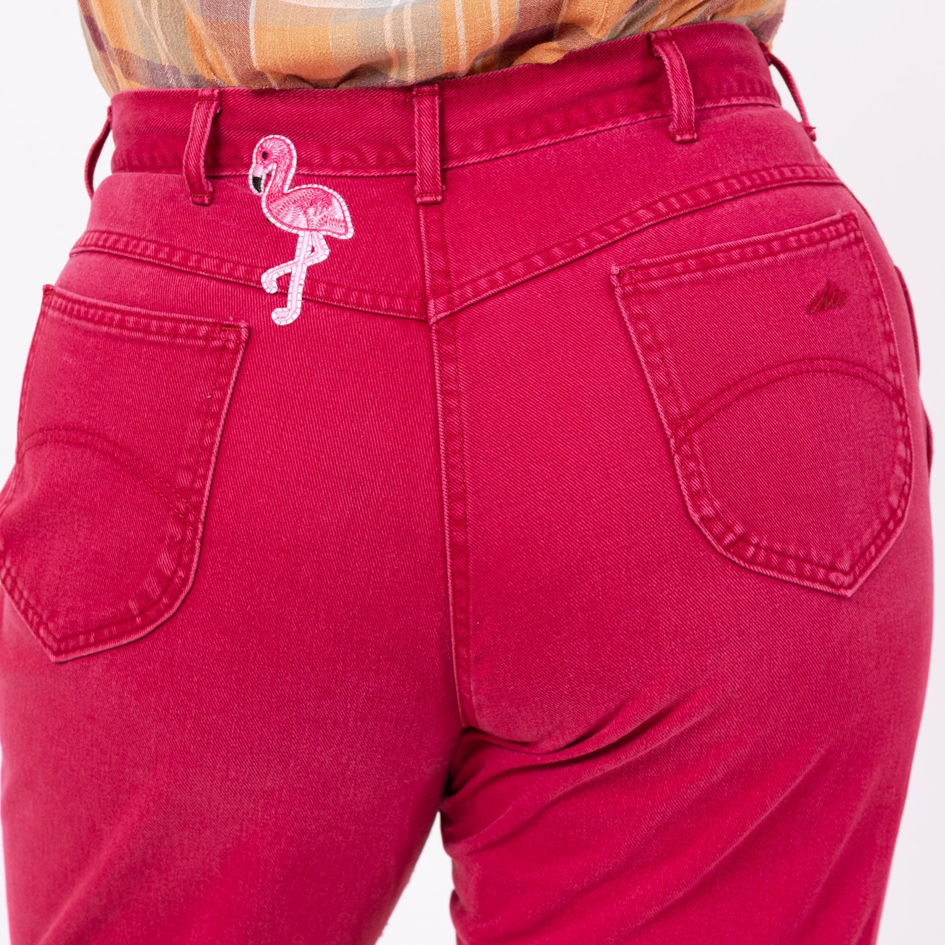 Vintage 80s Hot Pink Flamingo Patch Jeans - Extra Large, 35" Waist | Chic High Waisted Tapered Leg Soft Cotton Denim Mom Jeans