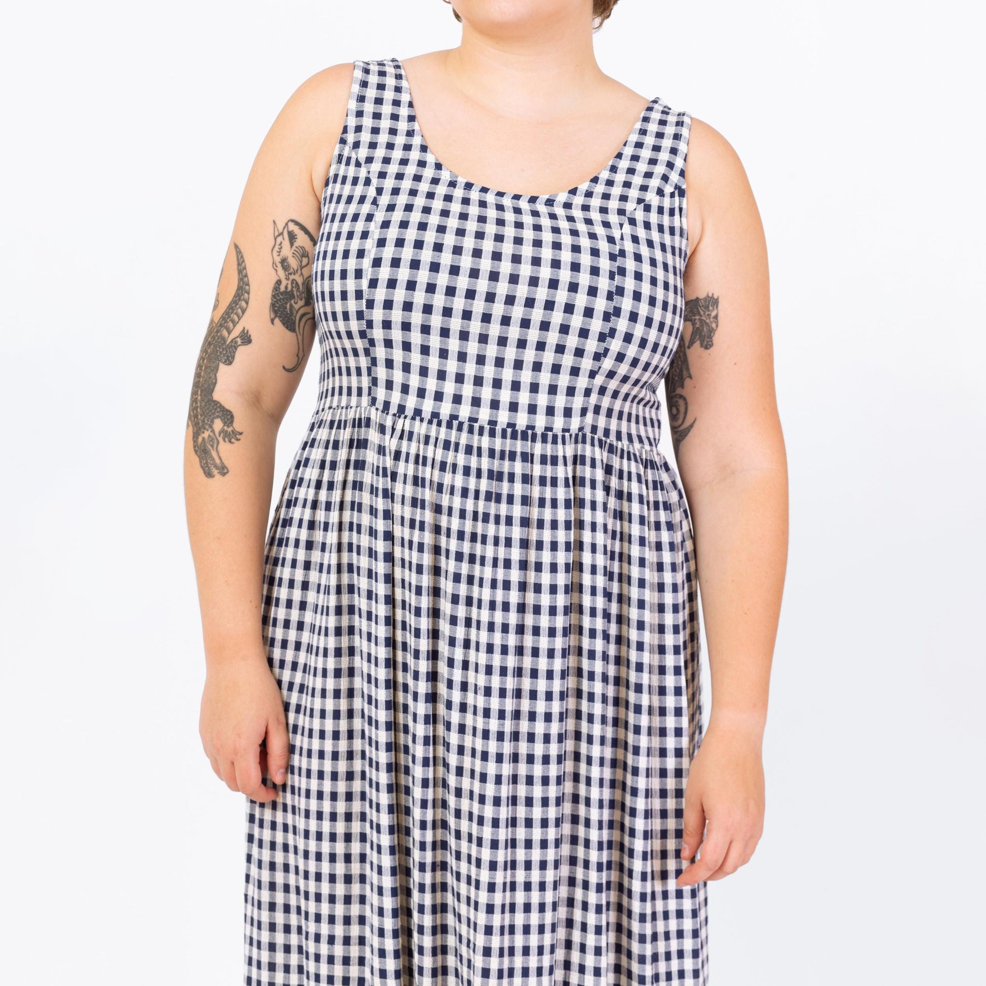 Vintage 90s Navy Blue & White Gingham Maxi Sundress - Large | Sleeveless Scoop Neck Grunge Summer Dress