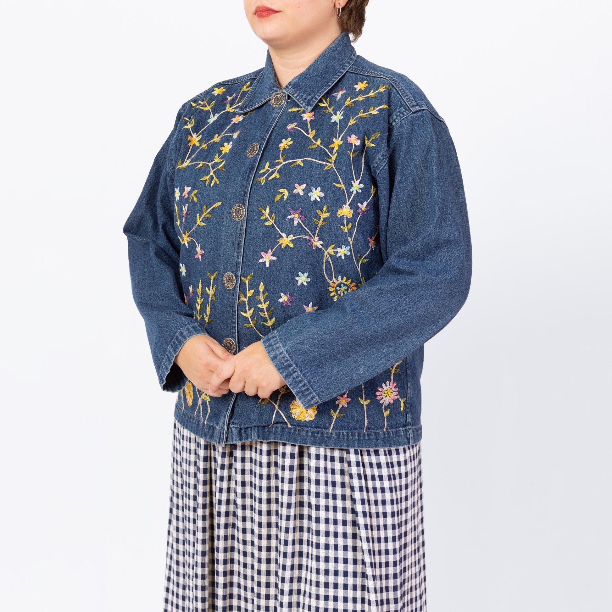 Vintage 90s Floral Embroidered Chambray Denim Jacket - Large | Boho Button Up Lightweight Jean Jacket