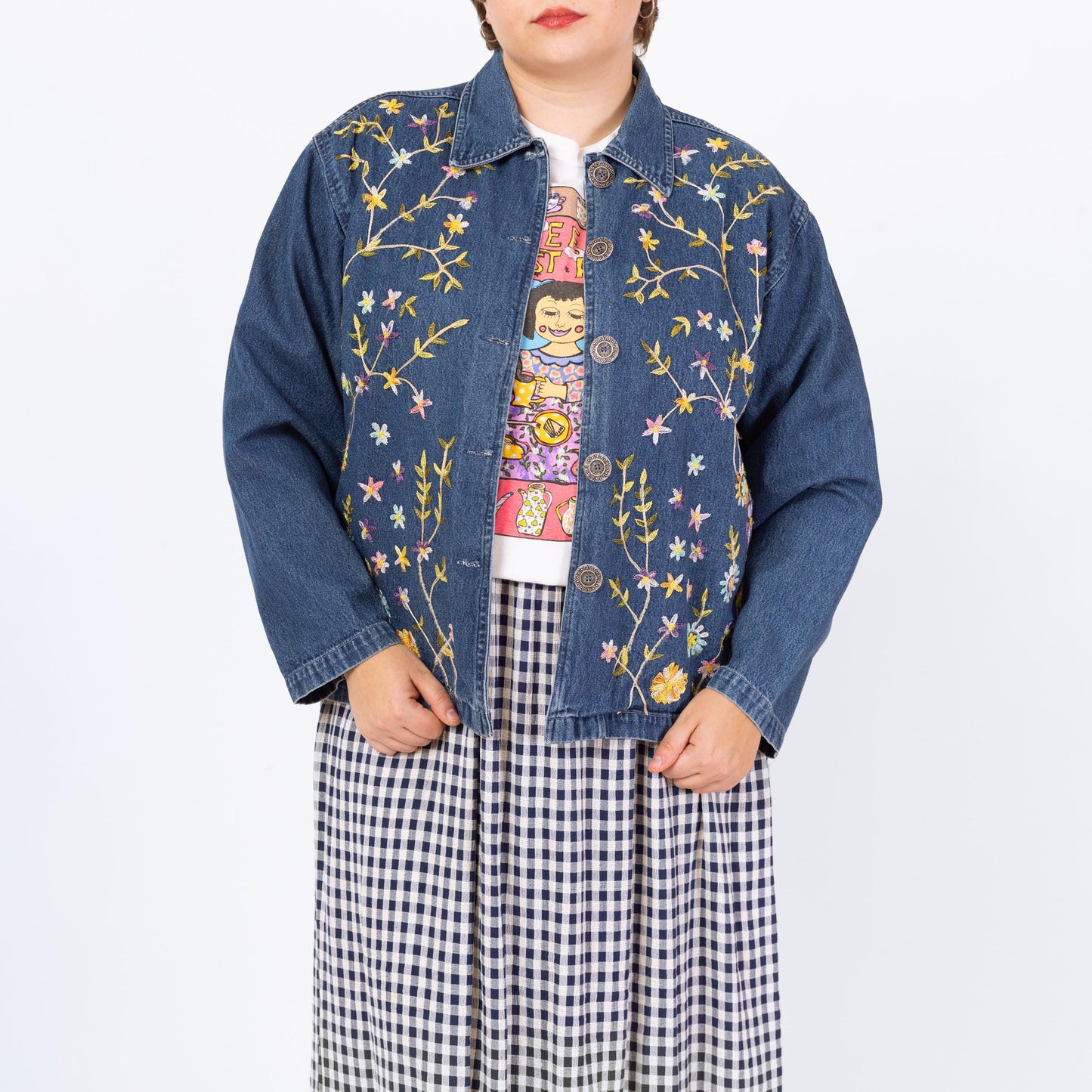 Vintage 90s Floral Embroidered Chambray Denim Jacket - Large | Boho Button Up Lightweight Jean Jacket
