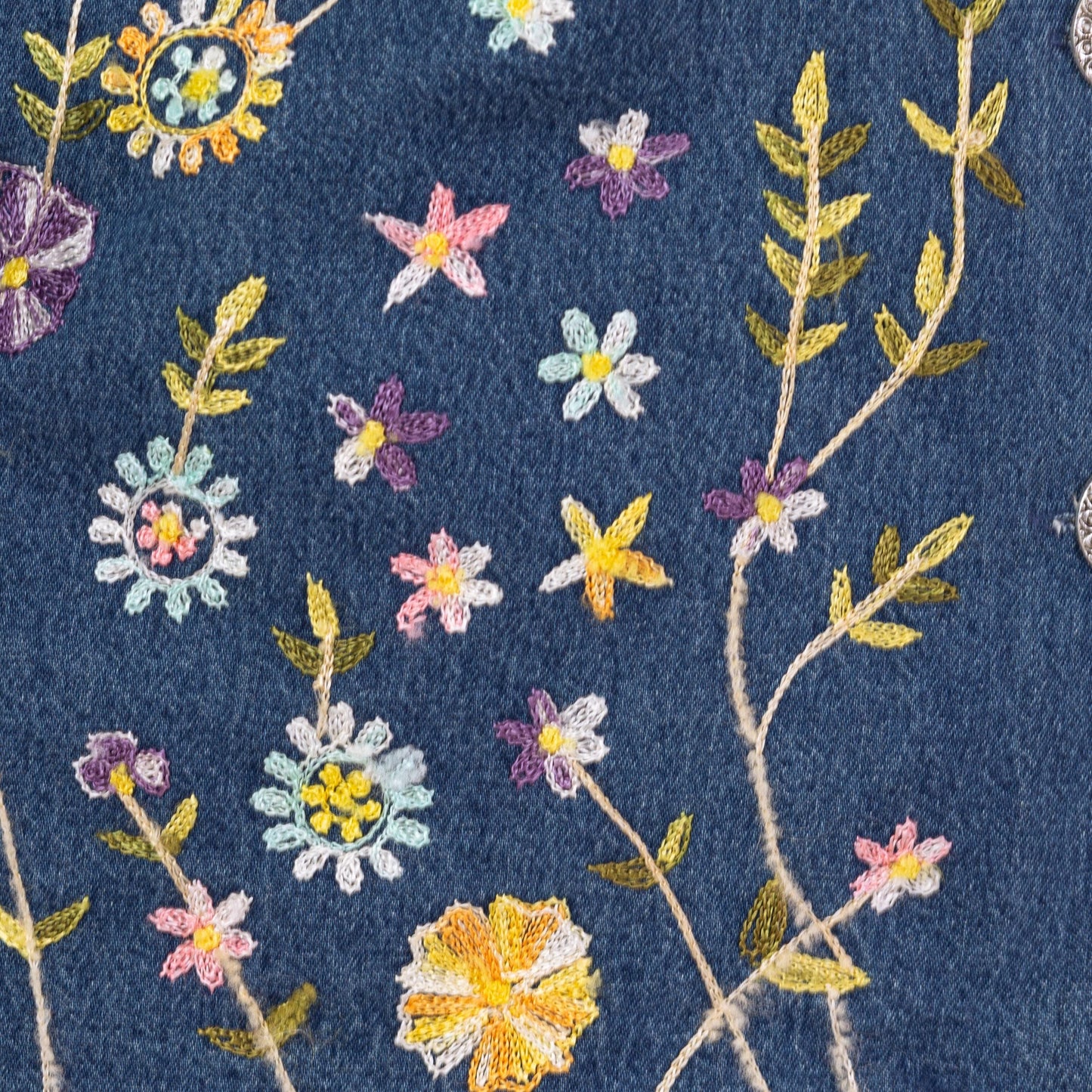 Vintage 90s Floral Embroidered Chambray Denim Jacket - Large | Boho Button Up Lightweight Jean Jacket