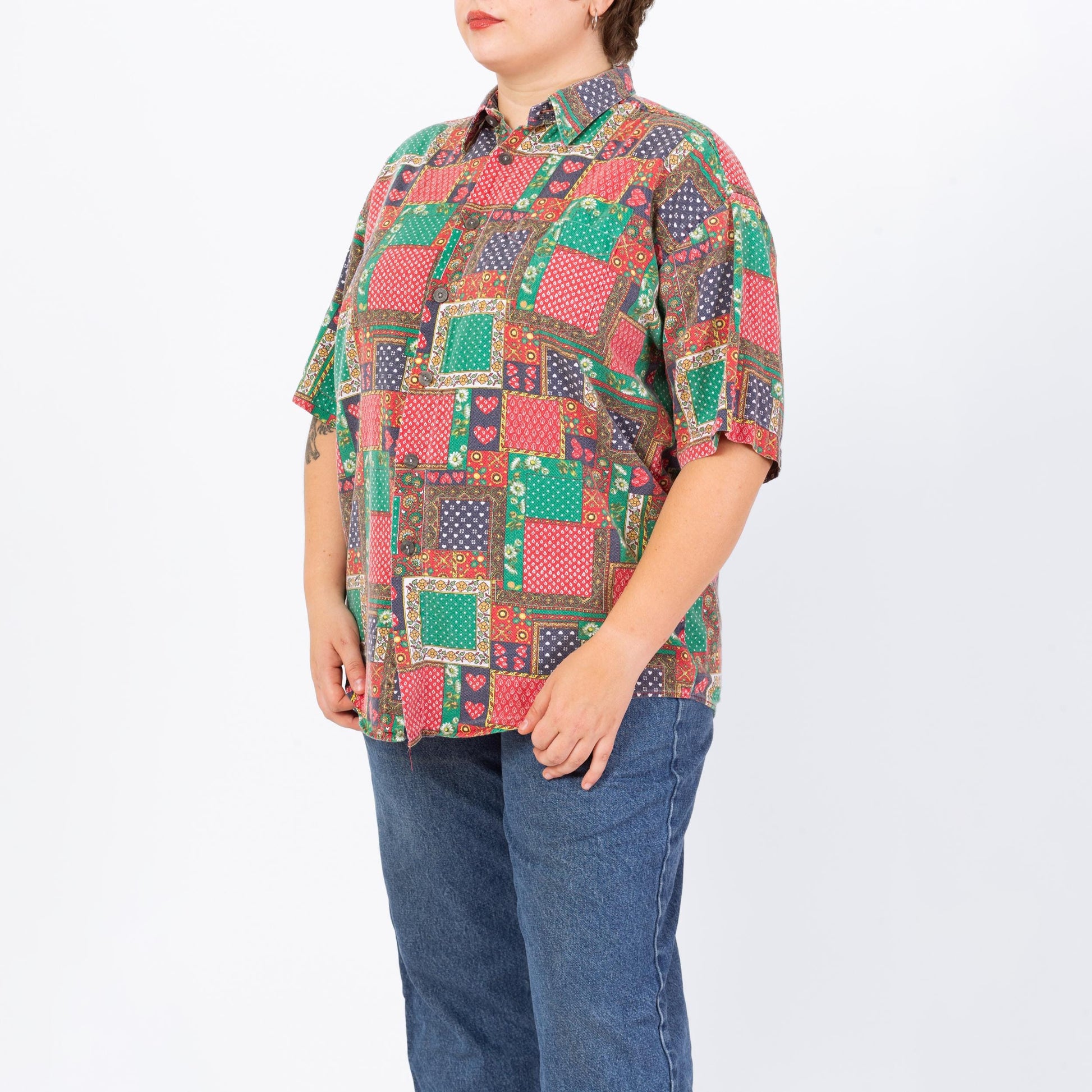 Vintage 90s Heart & Floral Patchwork Print Button Up Shirt - Men's Large, Women's XL | Retro Kitsch Short Sleeve Collared Bandana Top
