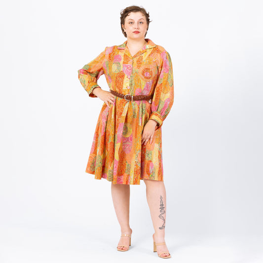 Vintage 60s Orange Marbled Patchwork Print Day Dress - 1X | Retro Long Sleeve Shirtwaist Midi Dress