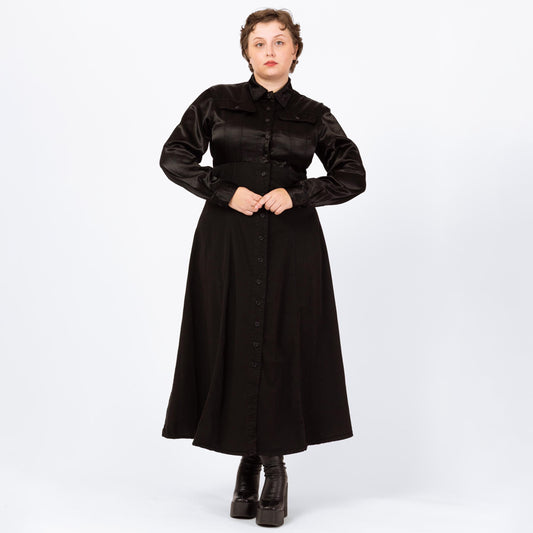 Vintage 90s Witchy Black Satin Bodice Maxi Dress - Large | Gothic Long Sleeve Button Up Shirtdress