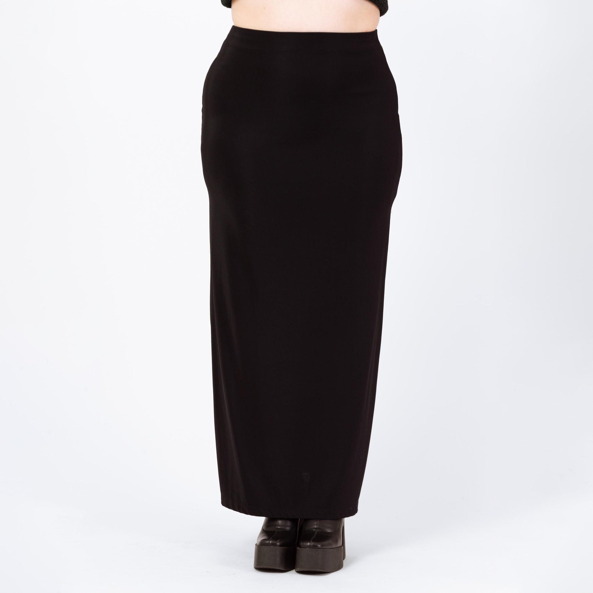 Vintage 90s Black Minimalist Stretchy Side Slit Maxi Skirt - Large to XL | Gothic Ankle Length Grunge Slinky Pencil Skirt