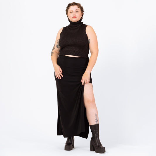 Vintage 90s Black Minimalist Stretchy Side Slit Maxi Skirt - Large to XL | Gothic Ankle Length Grunge Slinky Pencil Skirt