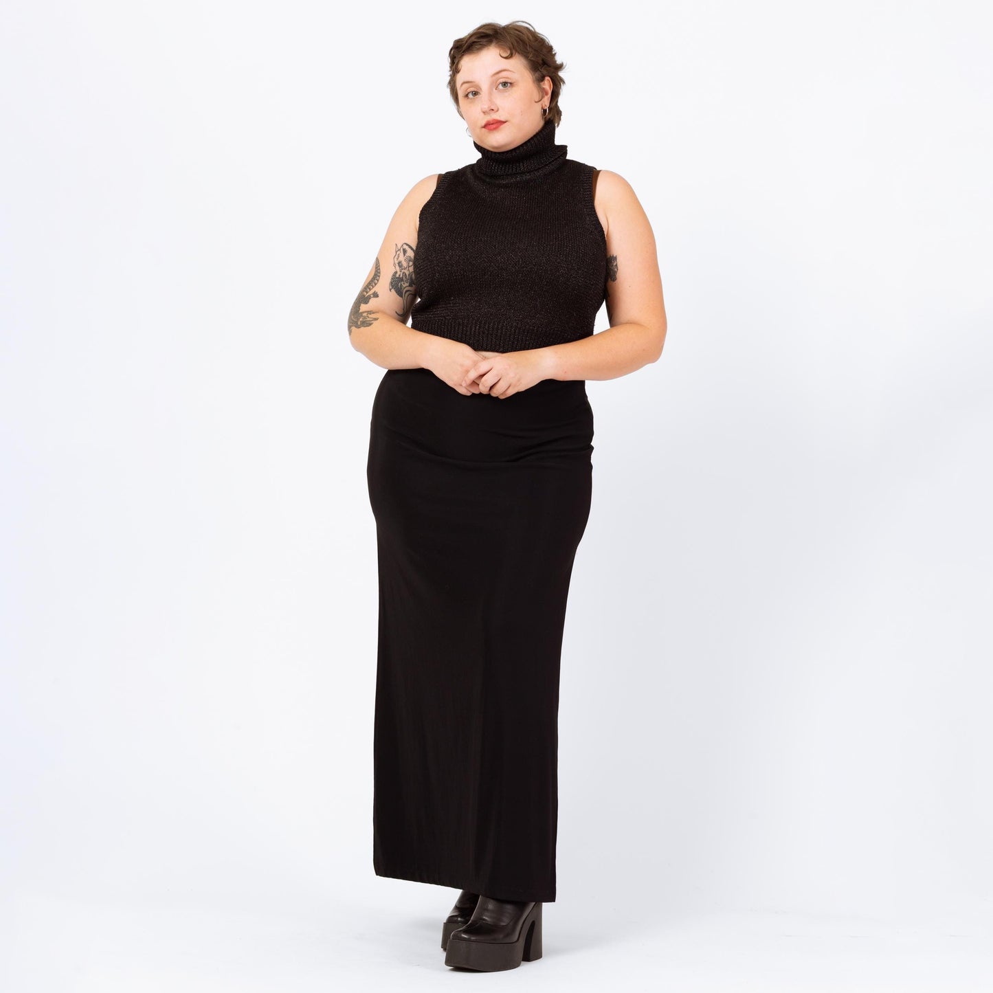 Vintage 90s Black Minimalist Stretchy Side Slit Maxi Skirt - Large to XL | Gothic Ankle Length Grunge Slinky Pencil Skirt