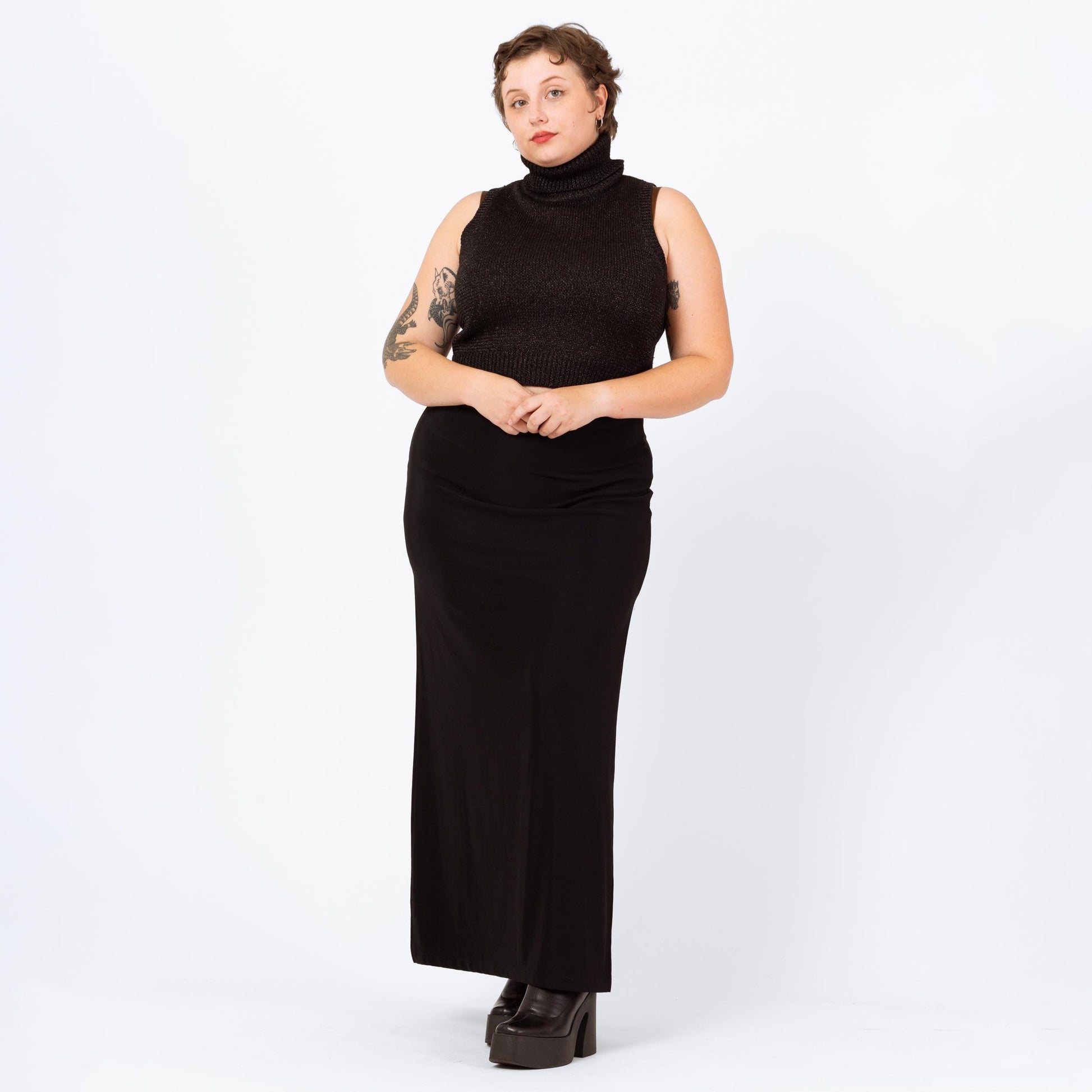 Vintage 90s Black Minimalist Stretchy Side Slit Maxi Skirt - Large to XL | Gothic Ankle Length Grunge Slinky Pencil Skirt