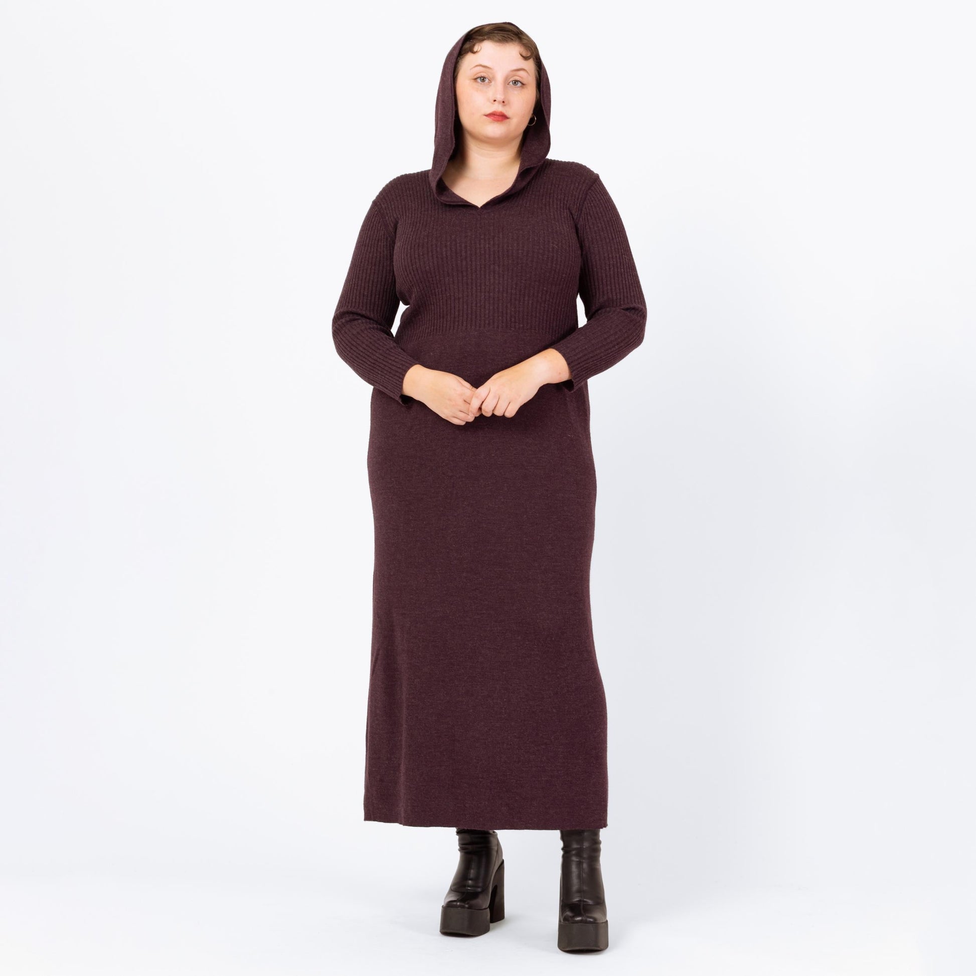 Vintage 90s Hooded Plum Purple Knit Maxi Dress - Extra Large | Ribbed Long Sleeve Whimsigoth Fall Sweater Dress