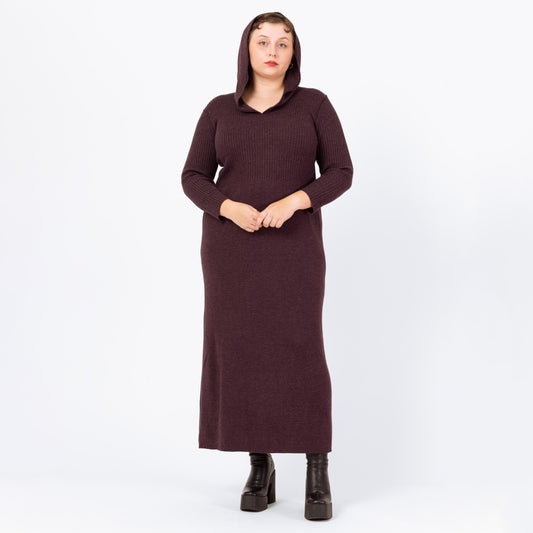 Vintage 90s Hooded Plum Purple Knit Maxi Dress - Extra Large | Ribbed Long Sleeve Whimsigoth Fall Sweater Dress