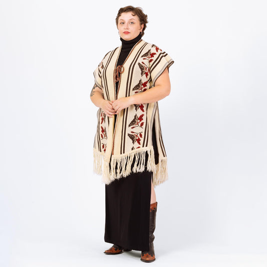 Vintage 70s Boho Knit Bird Poncho - One Size | Striped Vest Fringe Hippie Sweater Shawl