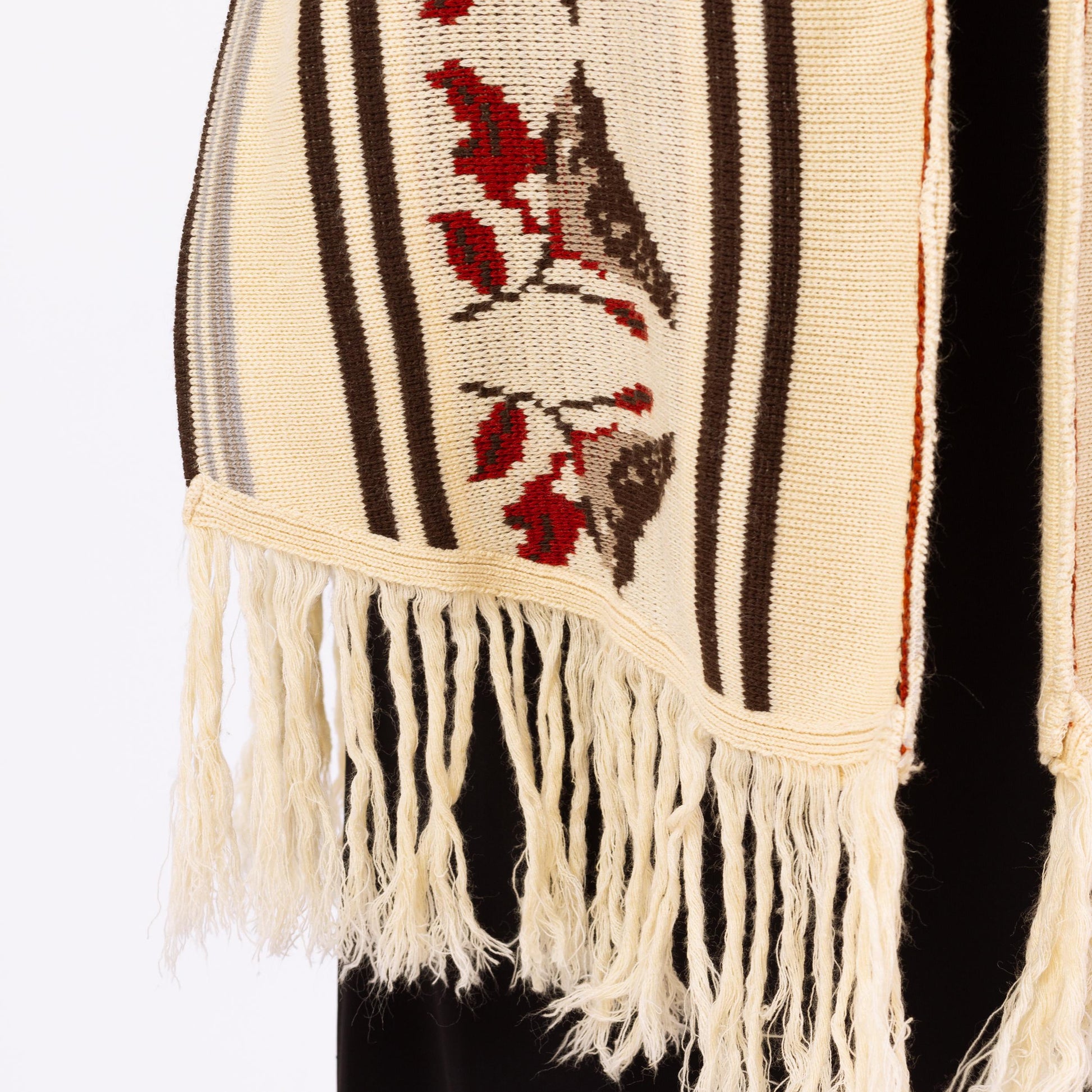 Vintage 70s Boho Knit Bird Poncho - One Size | Striped Vest Fringe Hippie Sweater Shawl