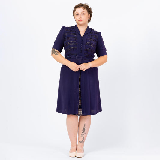Vintage 1940s Navy Blue Belted Day Dress - Extra Large | 40s Polka Dot Puff Sleeve Midi Shirtdress