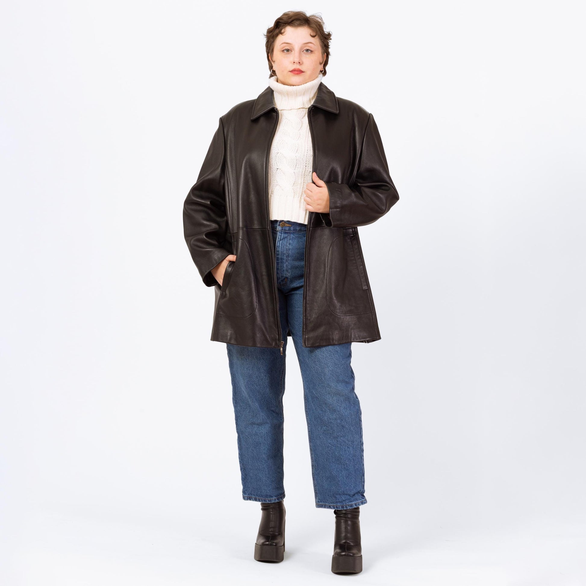 Vintage 90s Minimalist Black Leather Jacket - 2X | Liz Claiborne Zip Up Mid Length Coat