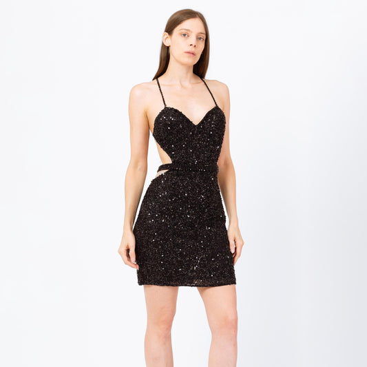 Vintage 90s Scala Black Beaded Silk Backless Mini Dress - Small | Sexy Low Back Bodycon Criss Cross Strap Party Dress