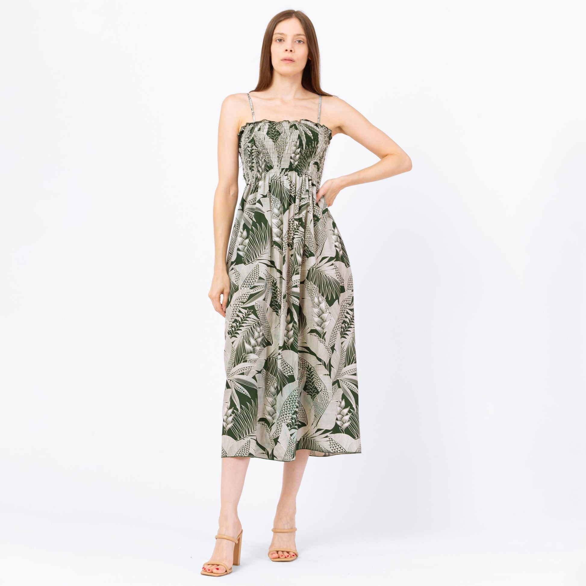 Vintage 90s Boho Green Tropical Floral Midi Dress - Extra Small | Hawaiian Shirred Bodice Spaghetti Strap Sundress