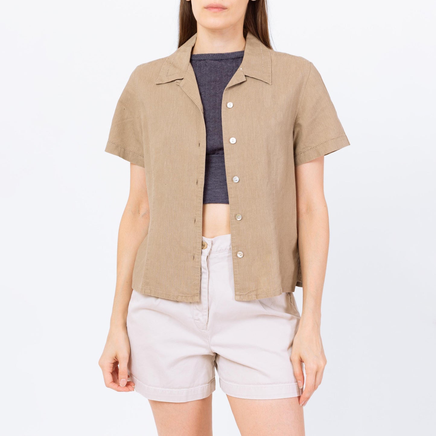 Vintage 90s Tan Linen Button Up Top - Small | Minimalist Short Sleeve Shirt, Cropped Collared Eyelet Trim Blouse