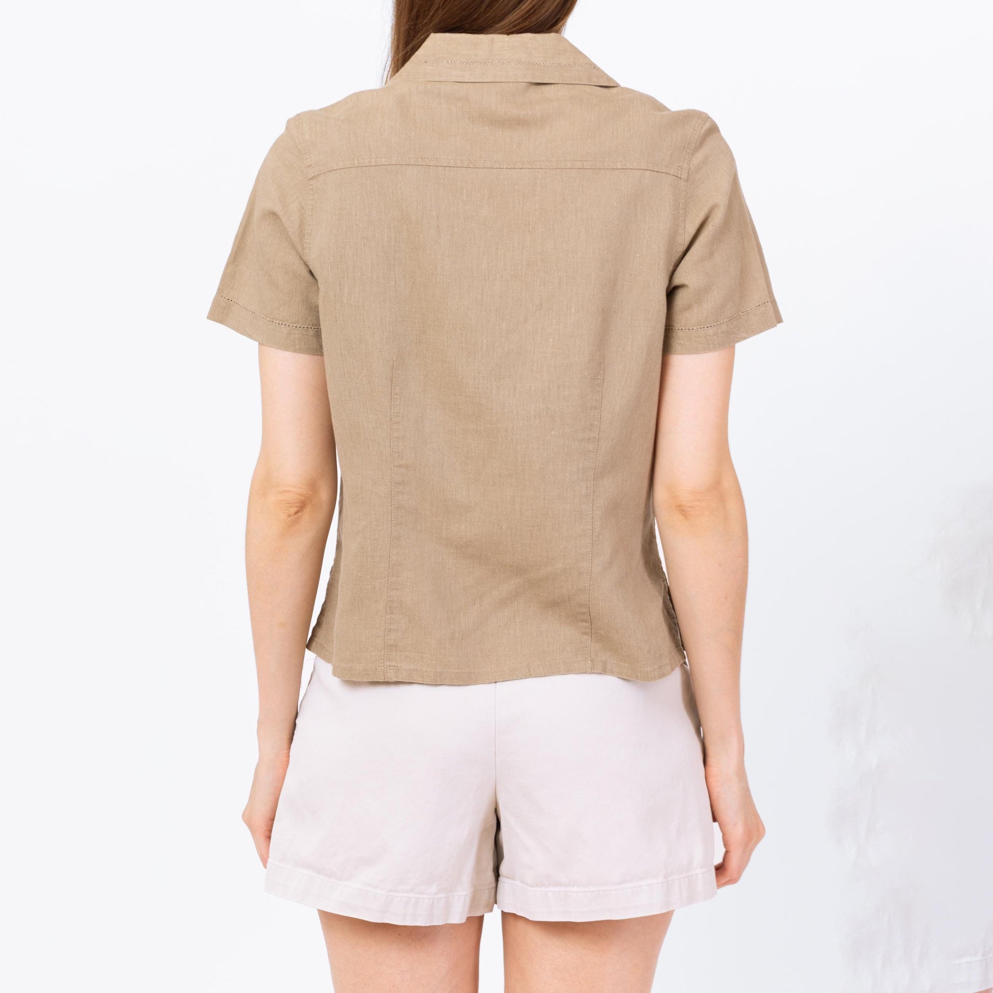 Vintage 90s Tan Linen Button Up Top - Small | Minimalist Short Sleeve Shirt, Cropped Collared Eyelet Trim Blouse