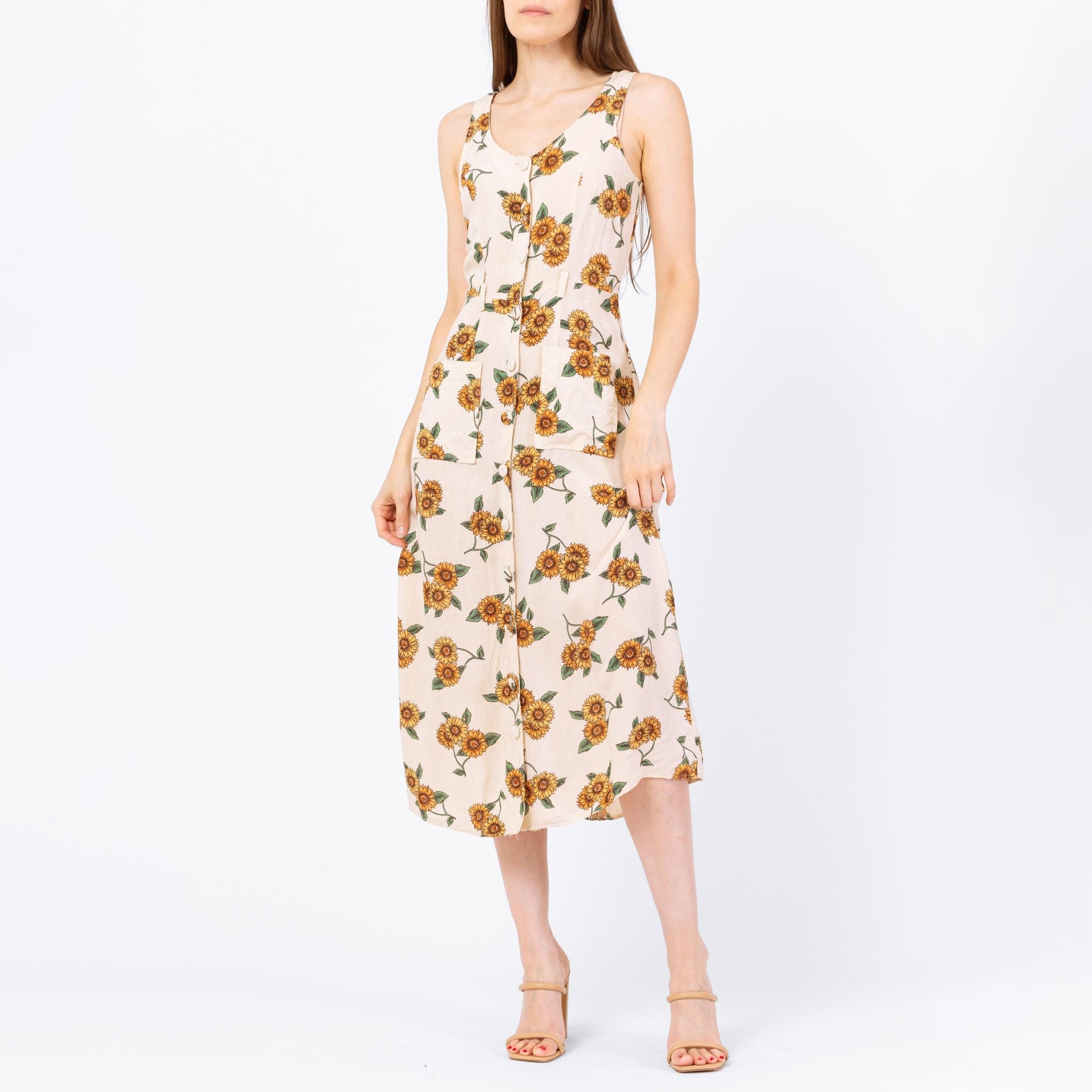 Vintage 90s Sunflower Floral Print Midi Sundress - Small | Boho Sleeveless Rayon Summer Dress With Pockets