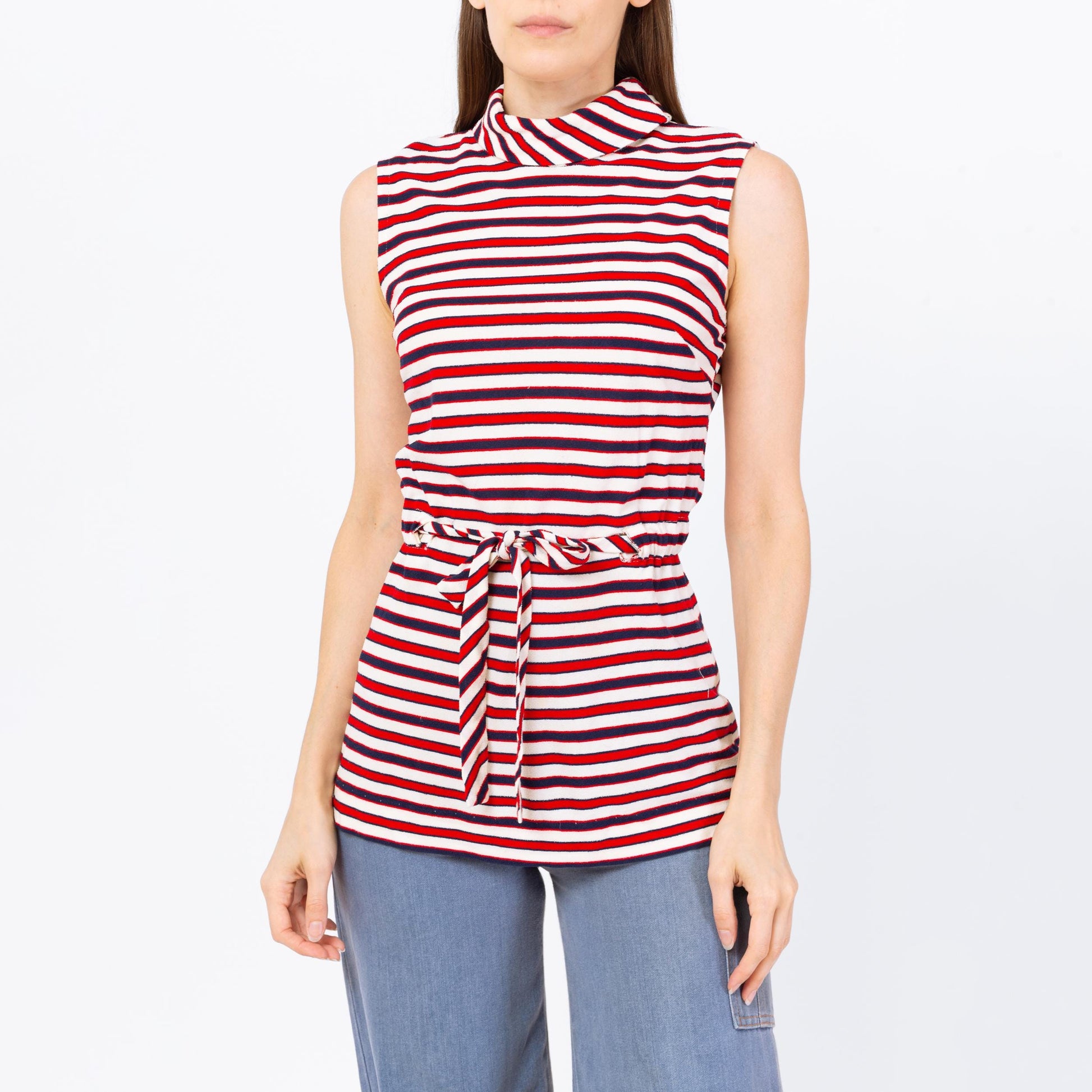 Vintage 60s 70s Mod Striped Terrycloth Tunic Top - Small | Red White & Blue Sleeveless Drawstring Waist Tank Top