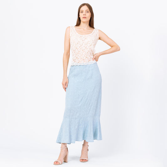 Vintage 90s Light Blue Jacquard Leaf Print Maxi Skirt - Medium, 27"-29" Waist | Boho High Waisted Long Summer Skirt