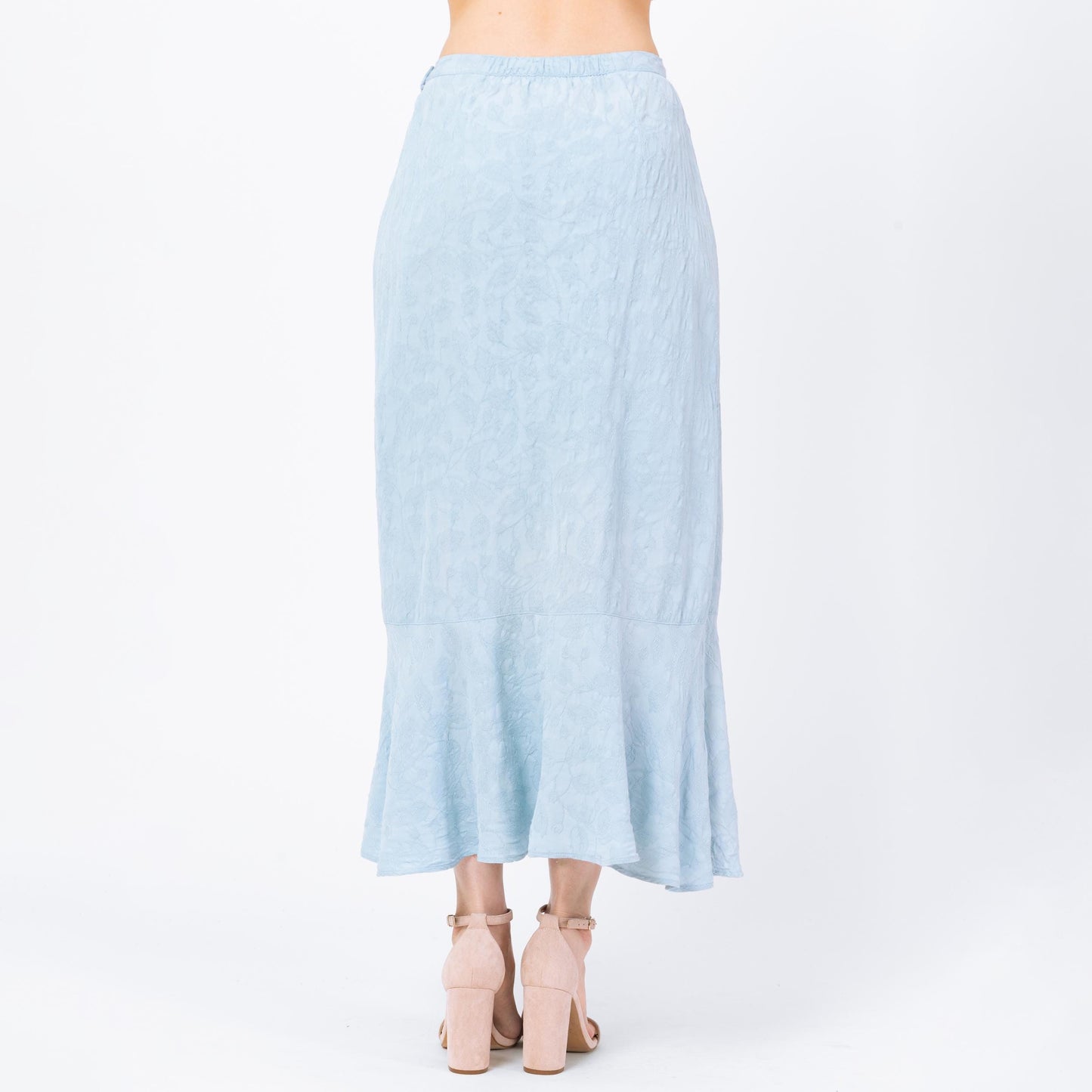 Vintage 90s Light Blue Jacquard Leaf Print Maxi Skirt - Medium, 27"-29" Waist | Boho High Waisted Long Summer Skirt