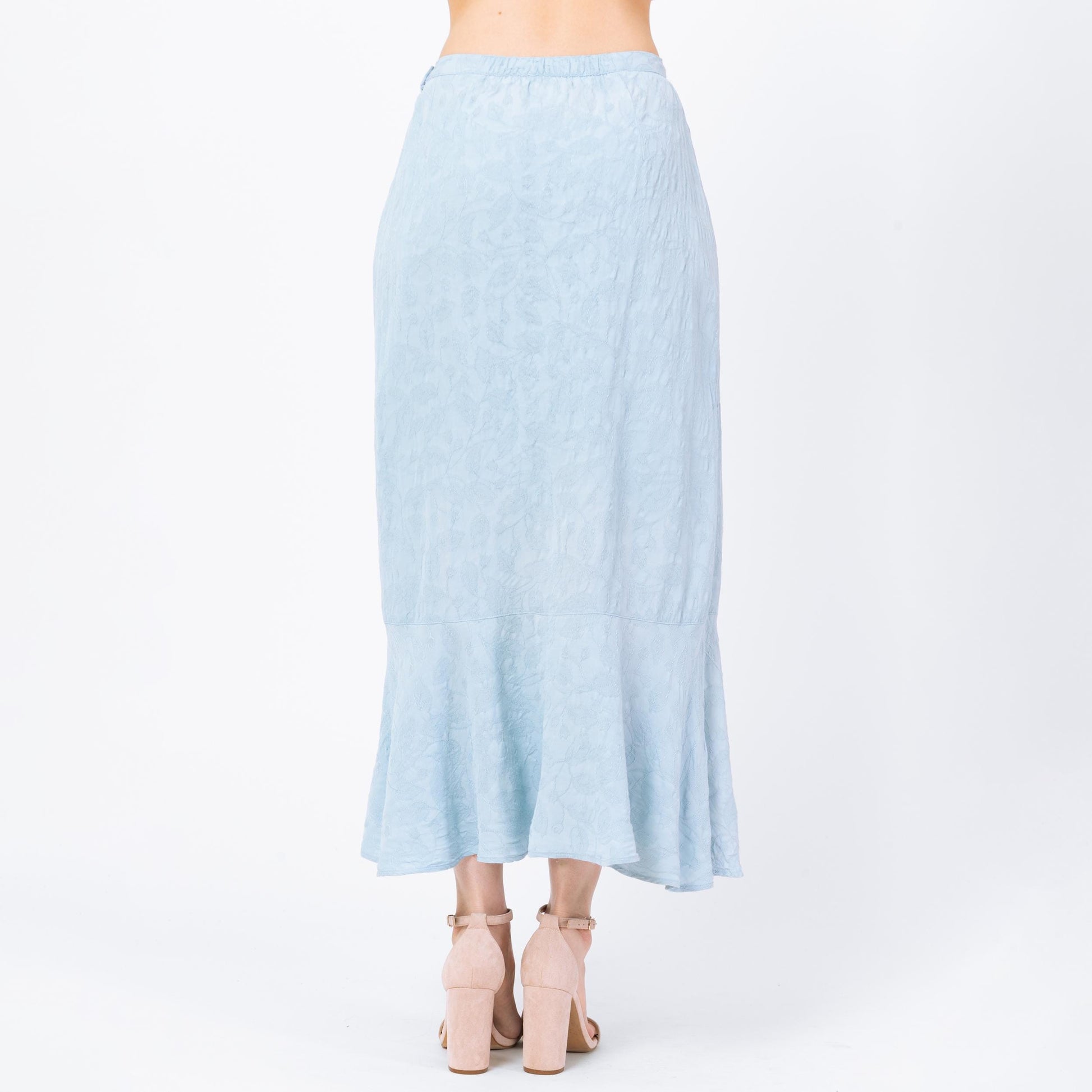 Vintage 90s Light Blue Jacquard Leaf Print Maxi Skirt - Medium, 27"-29" Waist | Boho High Waisted Long Summer Skirt